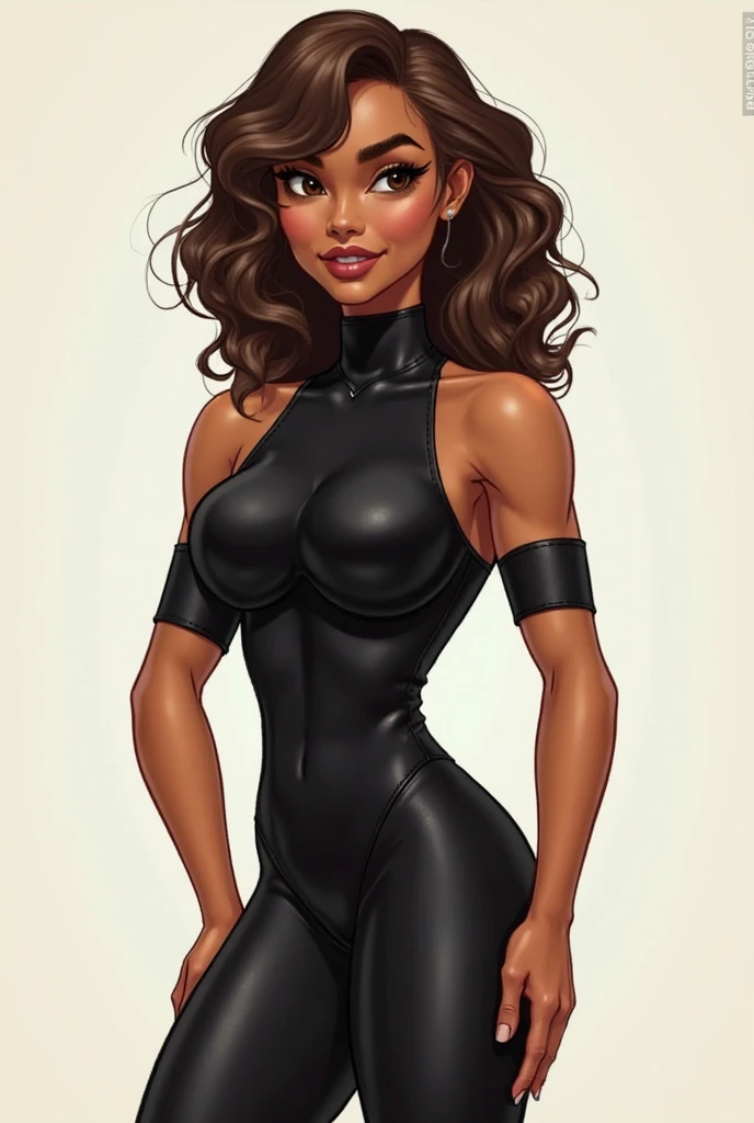 tween girl, tan skin, long dark brown hair, black leather bodysuit, open center cleavage, amber eyes, large bust, curvy body, big hips, from front, simple background, hands on hips, realistic