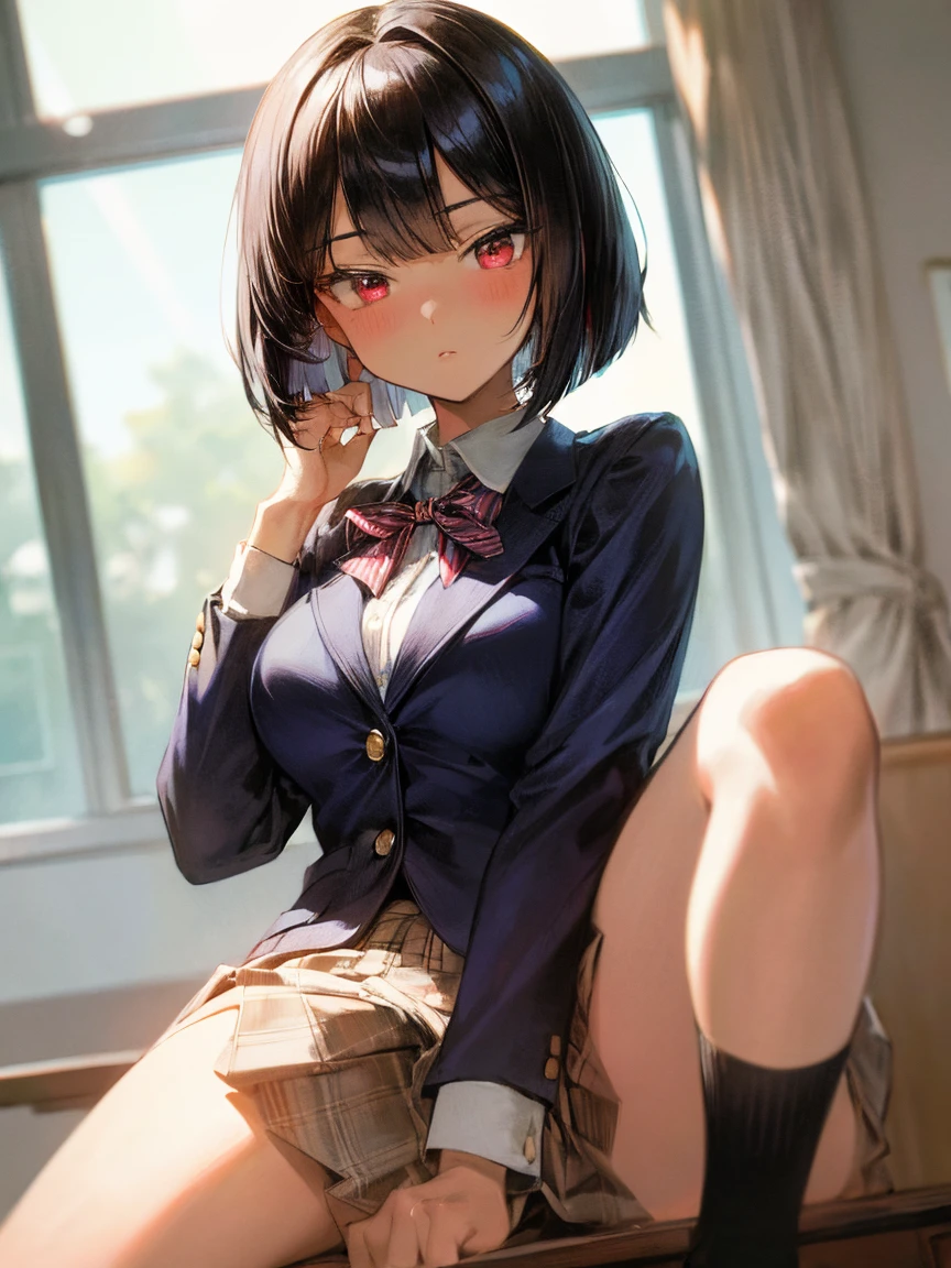 ((Masterpiece: 1.3)), ((Absolute Resolution: 1.2)), ((Superlative,: 1.4)), super detailed face, complex and detailed eyes, one girl, smooth nasal bridge, detailed mouth, polite and cute smiling expression, realistic bumps on human body, silky smooth hair texture, one girl, solo, buxom beautiful girl, High school girl, cute design blazer uniform, long sleeves, white blouse, pink breast cloth, cleavage, priss skirt, (shiny black pantyhose denier 25), white silk cloth visible through pantyhose, ribbon, beret, frills, lace, black hair in braids in one-length bob cut, years Cute design adornments commensurate with her age, showing her whole body (sitting pose with legs spread to either side and hips floating: 1. 3), innocent hand movements, (white skin: 1. 3), breasts filled with large amounts of fat swaying softly, cinematic lighting, perfect shading, ((cute nursery)), realistic lighting with shadows, from below Licking shot,