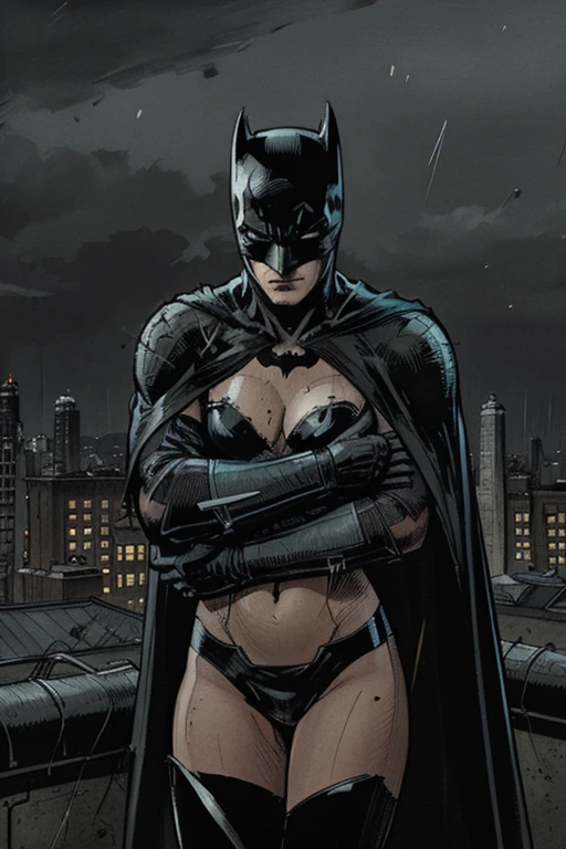 a hot blonde super hero wearing a tight, low cut black latex corset, panties with cameltoe, fishnet stockings, and a midnight blue cape