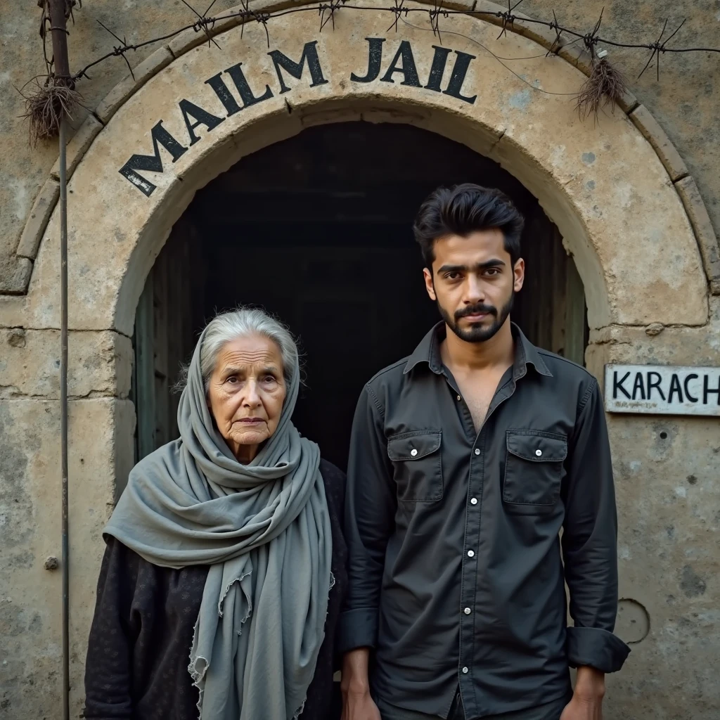 A 60 year old Indonesian man, wear a black Muslim cap, baju batik dan long pants, wearing leather shoes, sad face facing the camera while hugging beautiful Indonesian woman, fair skin, big nose, long wavy hair, wearing a denim jacket, long pants, wearing pink sneakers, sit down, sad face facing the camera, in front of the country house, in the dark night, minimal defects, very detail, realistic, 8K picture