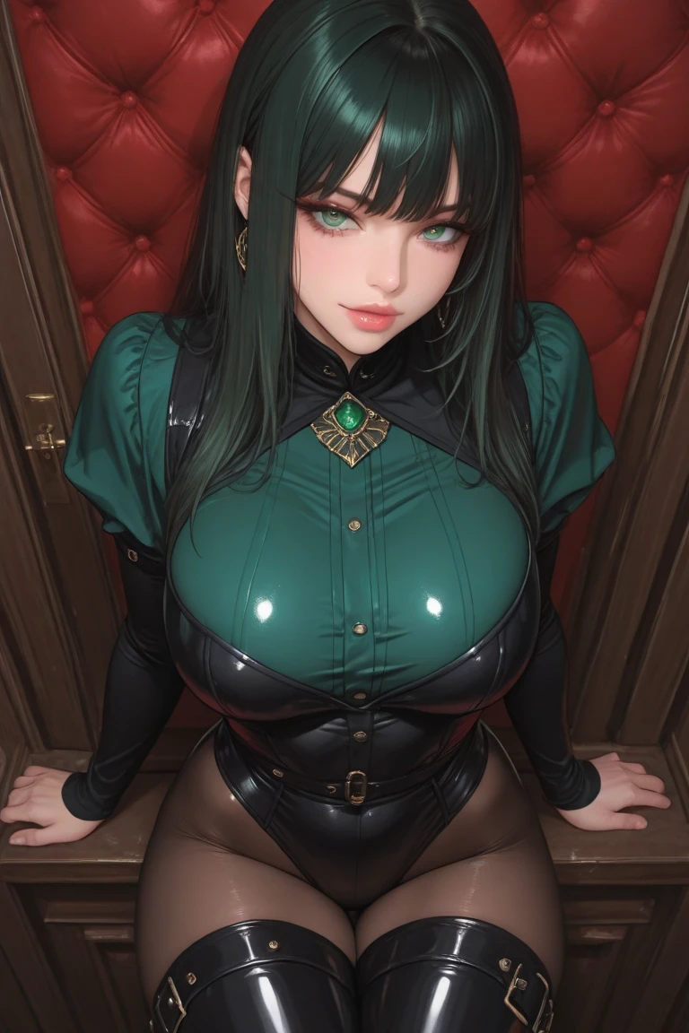 From below,Woman in dark green tight latex clothes,byself,Stand up,The hand caresses the breast,((gigantic cleavage breasts)),Huge stacked breasts,The kinky is exposed ,The kinky is exposed ,(Surreal breasts )((Extremely full breasts)),((Super large)),Big breasts Thin waist,(((Extremely large breasts))),worried expression,seductiv,,