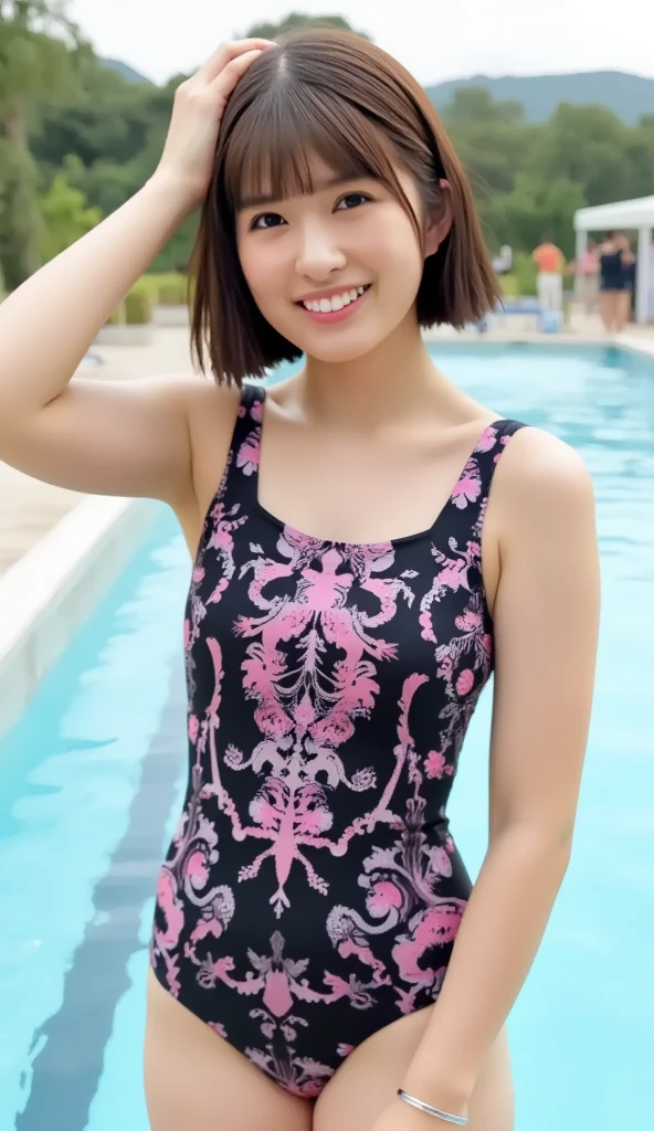 1girl, solo, breasts, looking at viewer, smile, short hair, brown hair, navel, brown eyes, swimsuit, black glossy bikini, day, grin, dark eyes, lips, black bikini, reality,1 girl, squatting