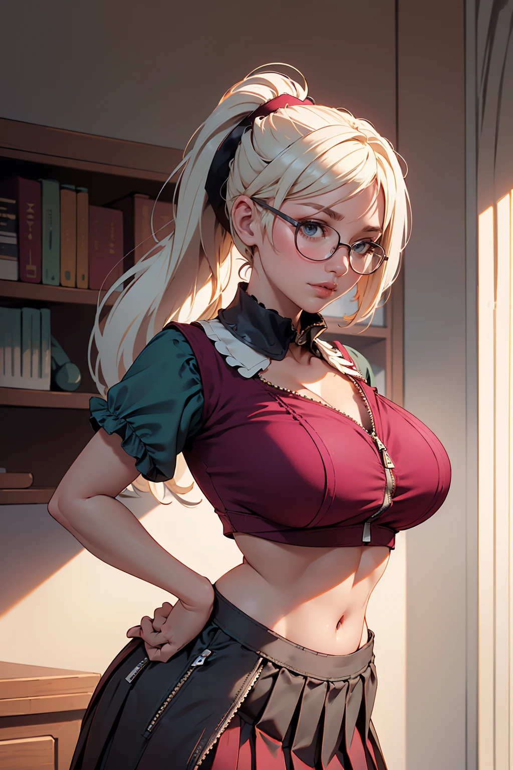1girl, blonde hair, eyelashes, hair over one eye, blue eyes, big lips, ultra-detailed, high quality, highres, absurdres, best quality, best quality, large breasts, long hair, bright pupils, tall female, pink lips, extremely detailed, large breasts, full body, huge tits, raised chest, library, glasses