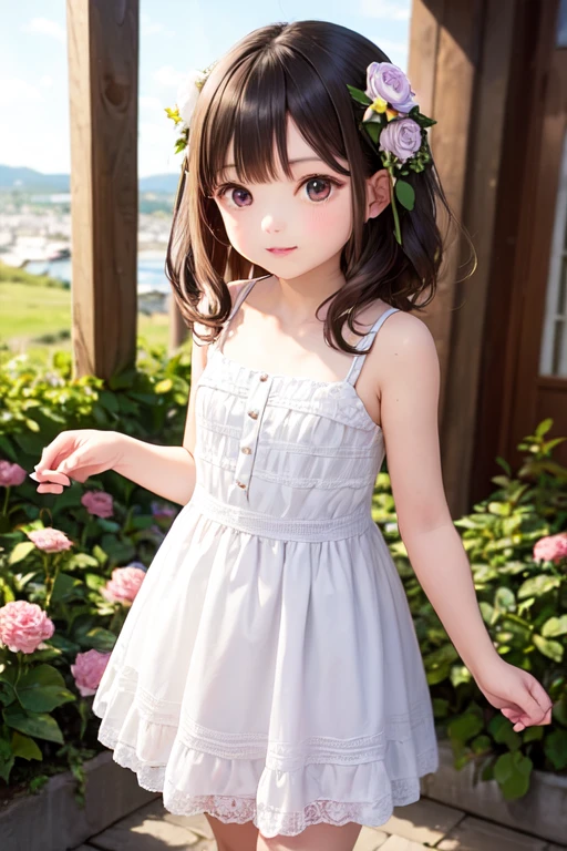 Create a chibi-style Pixar doll drawing of a  who is 4 years old. Her chestnut-brown, curly hair curls at shoulder length, her white skin contrasts with her verdant green eyes. She stands in front of a mirror, looking intently at her reflection.
