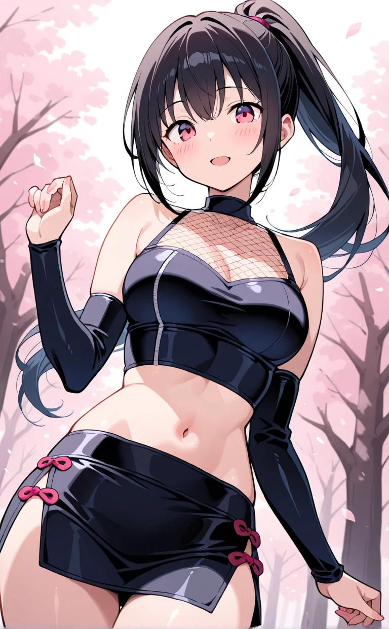 Draw a female anime character in her mid-30s, with shiny, silky black hair that reaches to the middle of her back in her ponytail, smiling with her slightly pink cheeks. She could be dressing as a traditional ninja, with a slight blush on her cheeks, or a modern and elegant dress that values her beautiful body, her beautiful curves, her large breasts, slim waist, wide hips --auto --s2