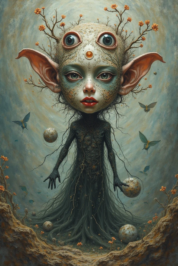 masterpiece, best quality, BrianFroudStyle, faerie surrounded by weird creatures in a forest, mushroom,<lora:BrianFroudStyleV1:0.9>