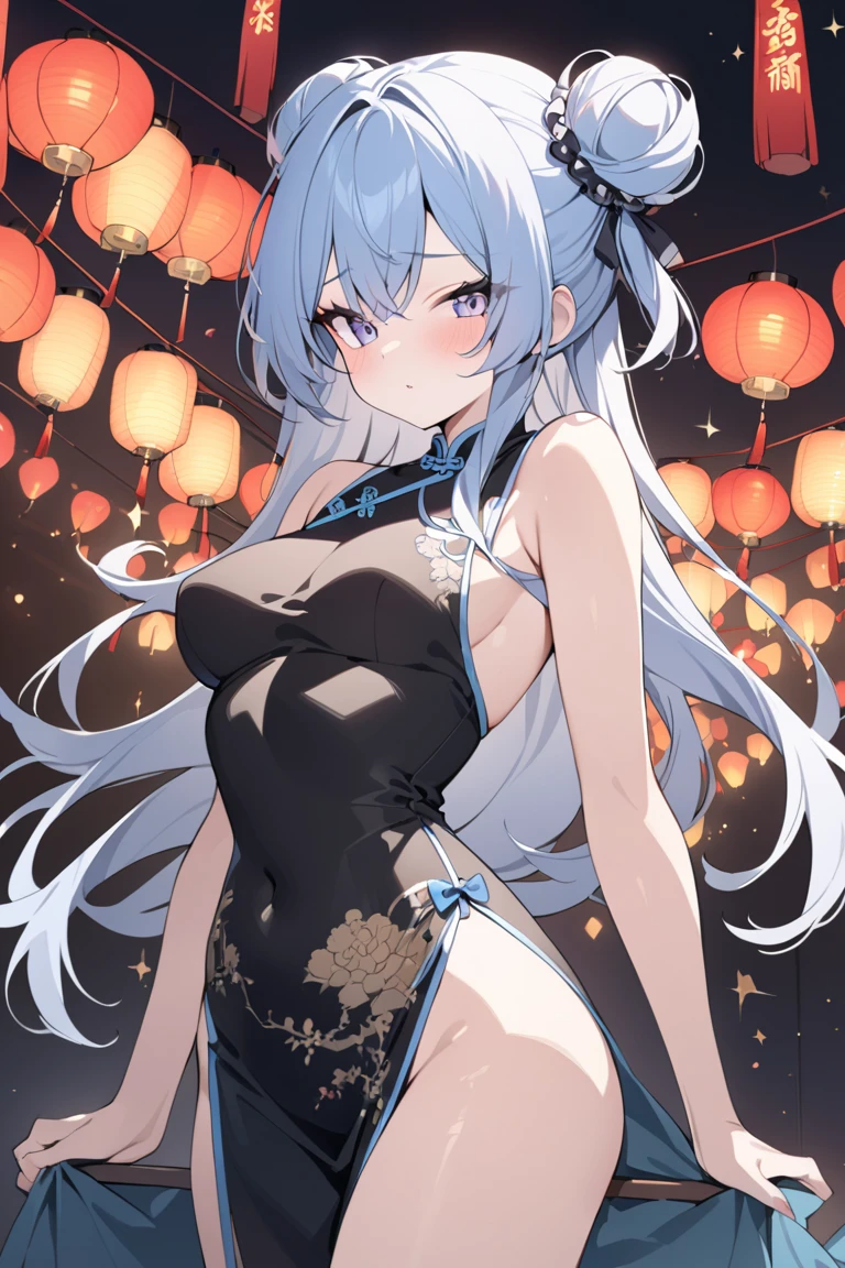 High resolution, adult woman , good lighting, despicable, , (No nudity), (((China dress))), (()), ((())), (garter belt), abdomen only, (),  ,  cute face, I&#39;Iは恥ずかしくて赤面します, humiliating, ((look back)), ((See-through))()(T-back)(A large amount of material is attached to the body,)