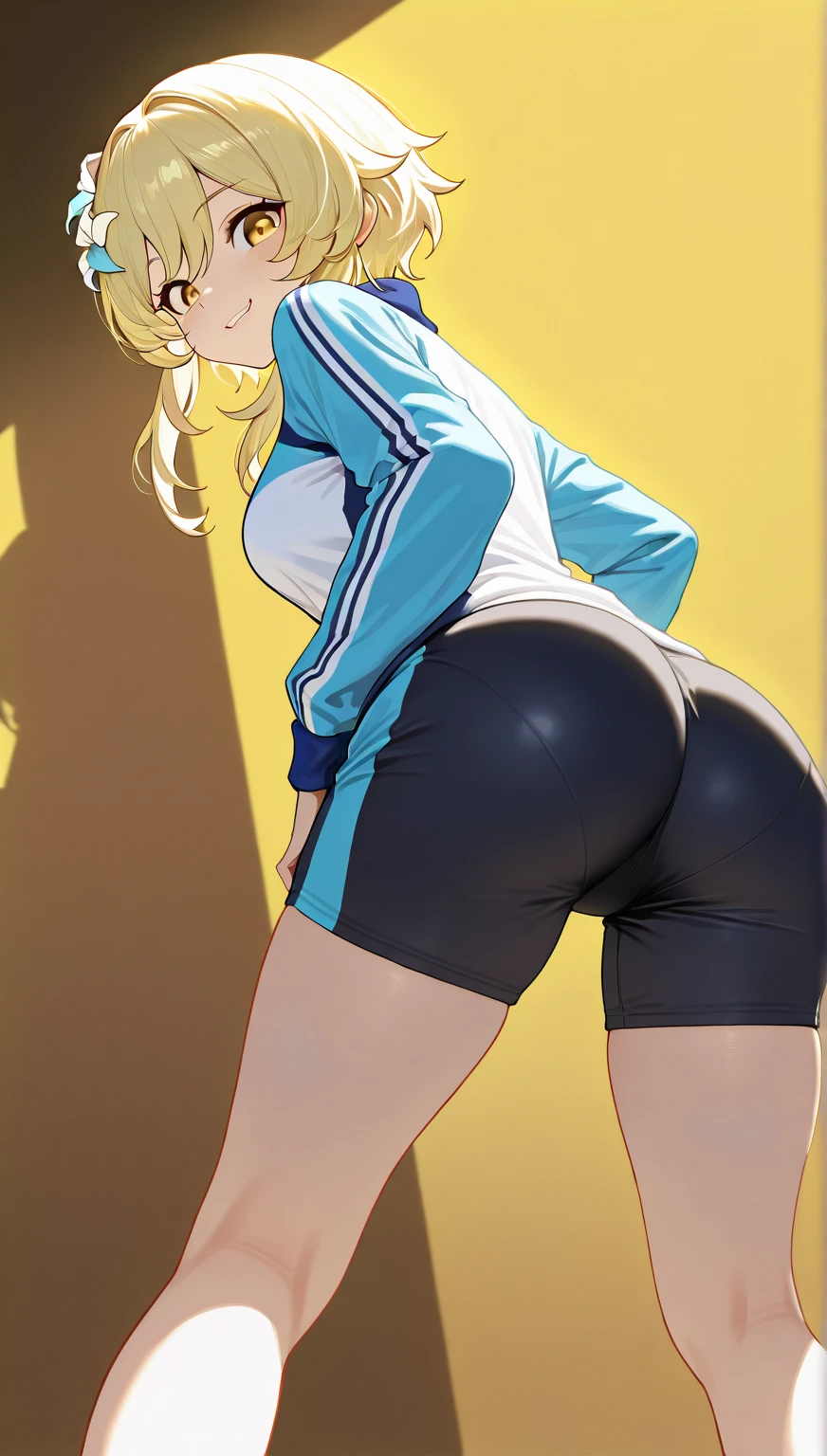 best quality, masterpiece, small breasts, little girl, smile, cycling shorts, alone, anime style, daytime, blue sky, blue eyes, detailed eyes, medium hair, blonde hair, loose hair, bangs, butt, get down on all fours, grass field,