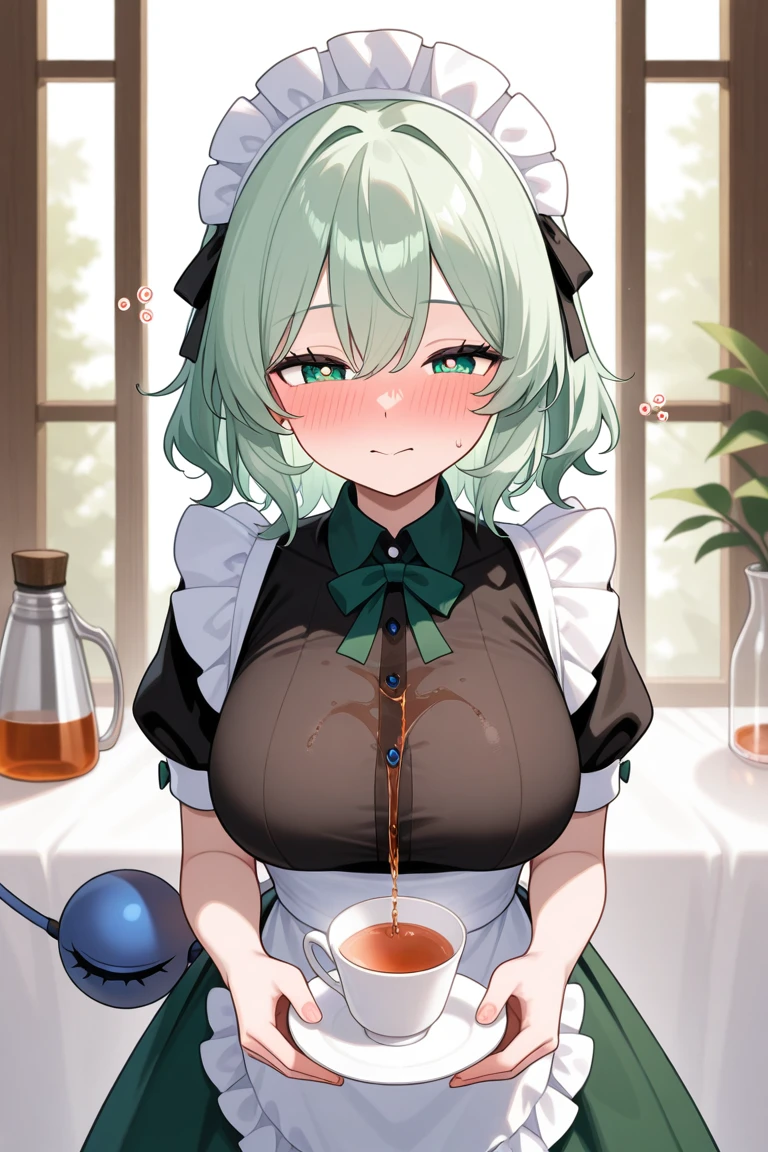 score_9, score_8_up, score_7_up, source_anime, 1girl, light green hair, very short hair, green eyes, cat ears, medium breasts, eyeglasses, curvy body, micro bikini maid, headdress, blouse, skirt, apron, areola, jitome, private room, mansion,