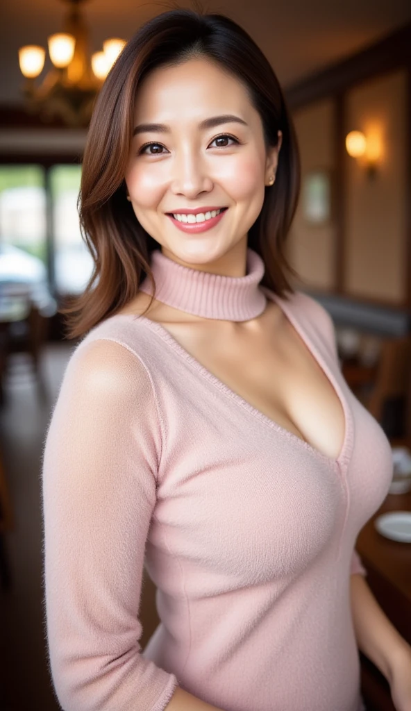 Close-up 50-year-old beautiful wife with huge breasts is wearing a shoulder-baring sweater without underwear with huge breasts that are about to spill out, and her nipples are erect and she is seducing sexily while looking at me Sitting, wet eyes, red lipstick, café at night