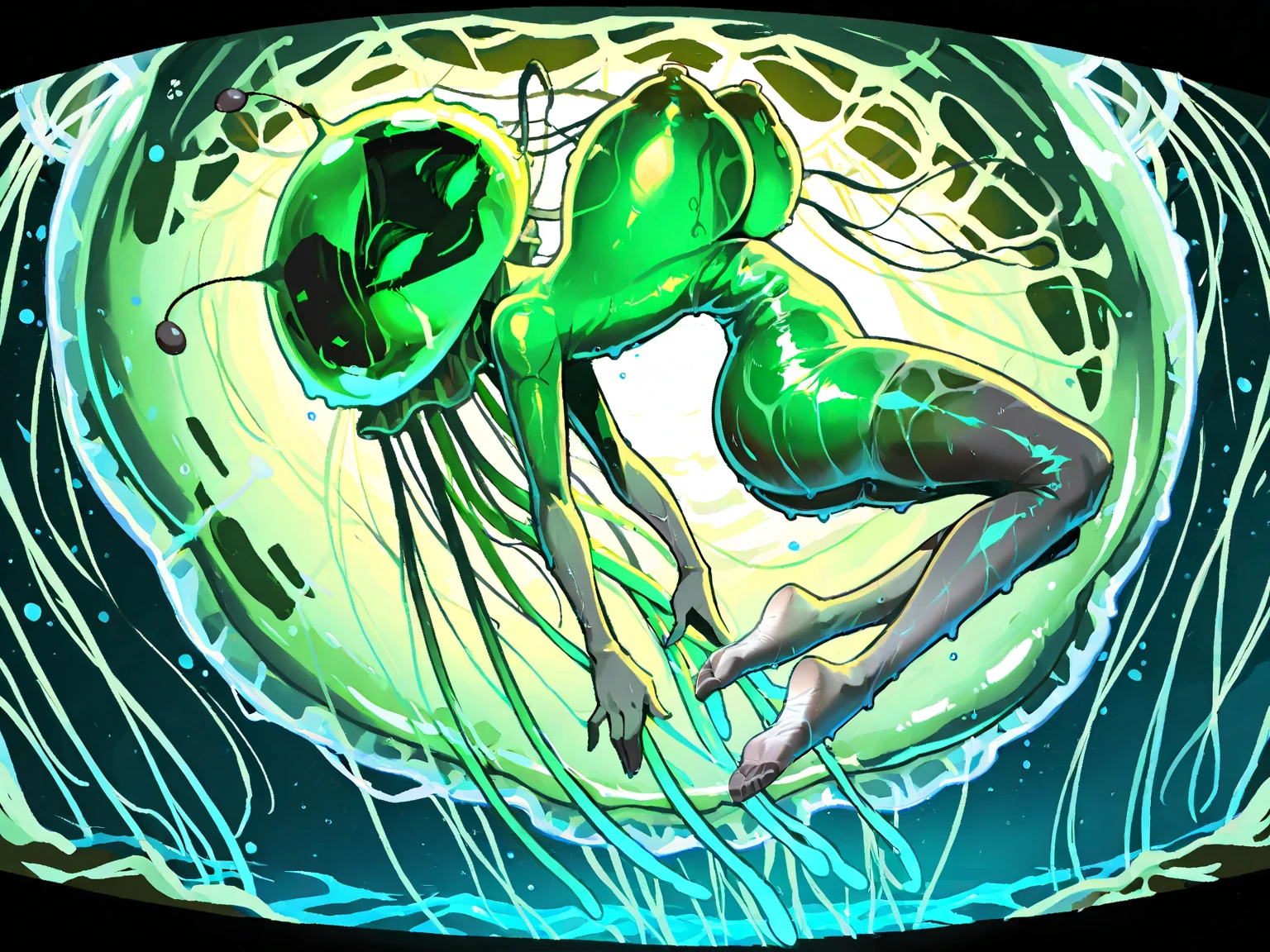 1 girl laying on the ground, restrained in a sticky and slimy cocoon, surrounded by plant life