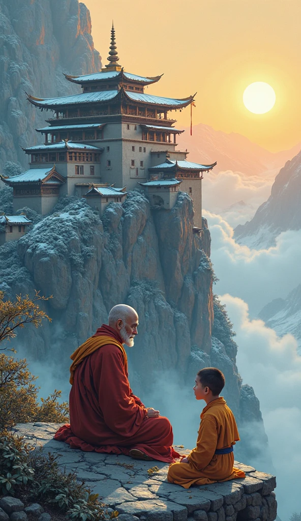Children monk meditating, temple chinese, ultrarealistic, montains chinese