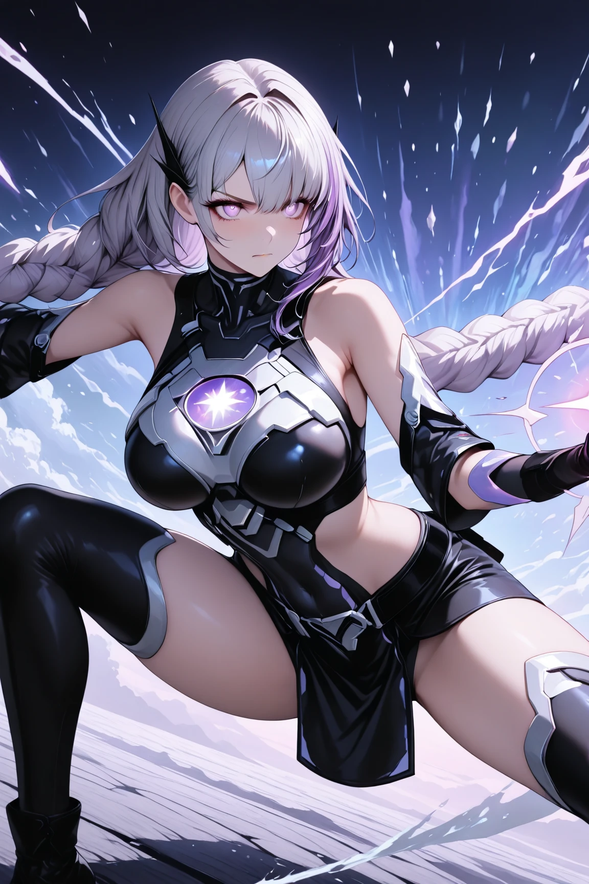 ((masterpiece, highest quality, Highest image quality, High resolution, photorealistic, Raw photo, 8k)), ((Extremely detailed CG unified 8k wallpaper)), (huge stunning goddess shot, very hot and sexy, jaw-dropping beauty, perfect proportions, beautiful body, slim body beauty:1.1), cryptic girl, 2 girl, Long silver hair, two braids, big eyes staring at the camera in a dynamic pose.、Beautiful breasts