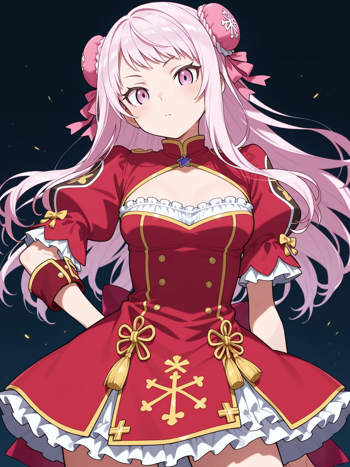 masterpiece, best quality, 1girl, solo, dstomoca, pink hair, very long hair, two side up, yellow eyes, small breasts, star hair ornament, hair bow, dress, bowtie, gloves, center cutout, (single thighhigh:1.1), standing, outdoors, field, sunset, lens flare, cowboy shot
<lyco:dstomoca_lc_768:1>