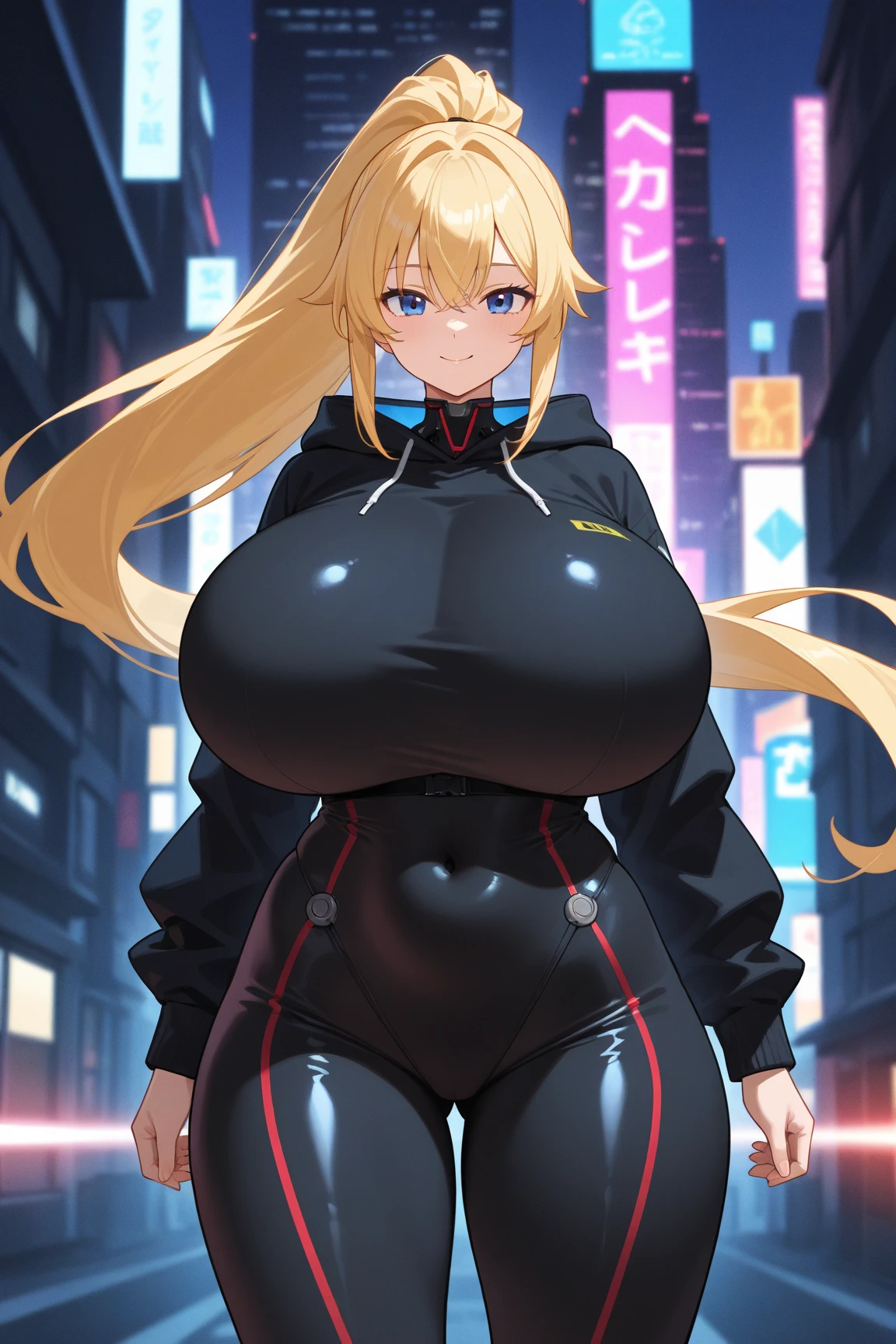 1girl, blonde hair, large breasts, breasts, thick thighs, wide hips, blue eyes, bodysuit, black bodysuit, pantyhose, long hair, serious, science-fiction, tech, futuristic, black pantyhose, thighhighs, neon, machinery, hair ornament, ornament, neon trim, an8me style, 2d, anime screencap