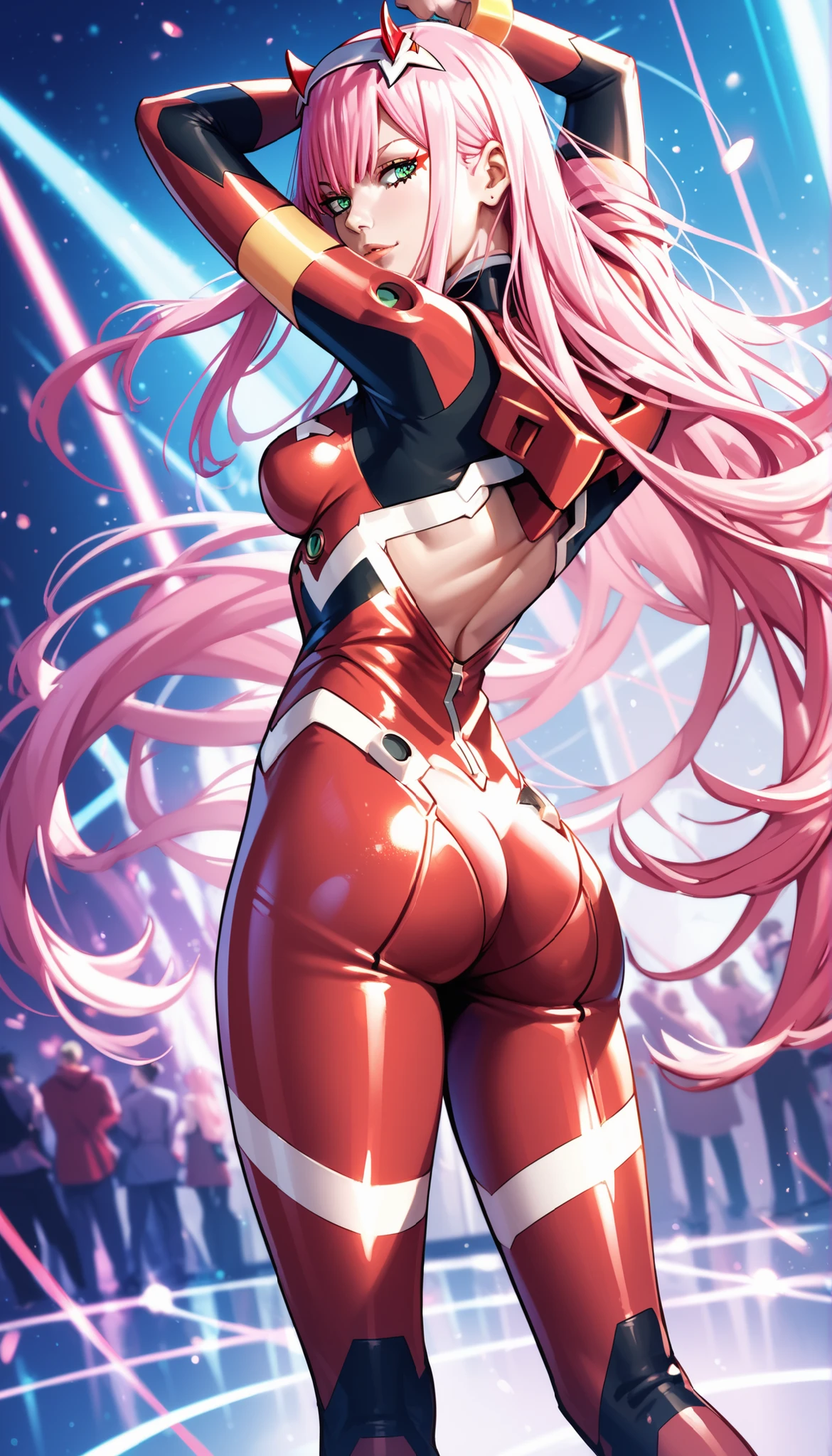 {{{Y balance}}}{{{NSFW law}}}、((masutepiece)), ((Best Quality)), (GameCG), ((A sexy)), (Ero), comic book, Live performance venue, a beauty girl, 1girl in, Solo, robot suit（beautiful pink hair on white color, beautiful blue eyes beautiful eyes)), Long hair,beauty breast, wearing underpants, （Leotard）, gloves, Hair ornaments, horseshoe-shaped hairband, blush, Ahegao, steam effect,（High legsuits） ,Dig into the crotch、Inter-strands、teats、There are green feather decorations on the left and right sides of the head.。.。.。.。.。、Transformation Heroine、Thigh-high boots that look like high heels、（（The fabric of the costume is thin and your skin is transparent.））、Wet and see-through、perspiring