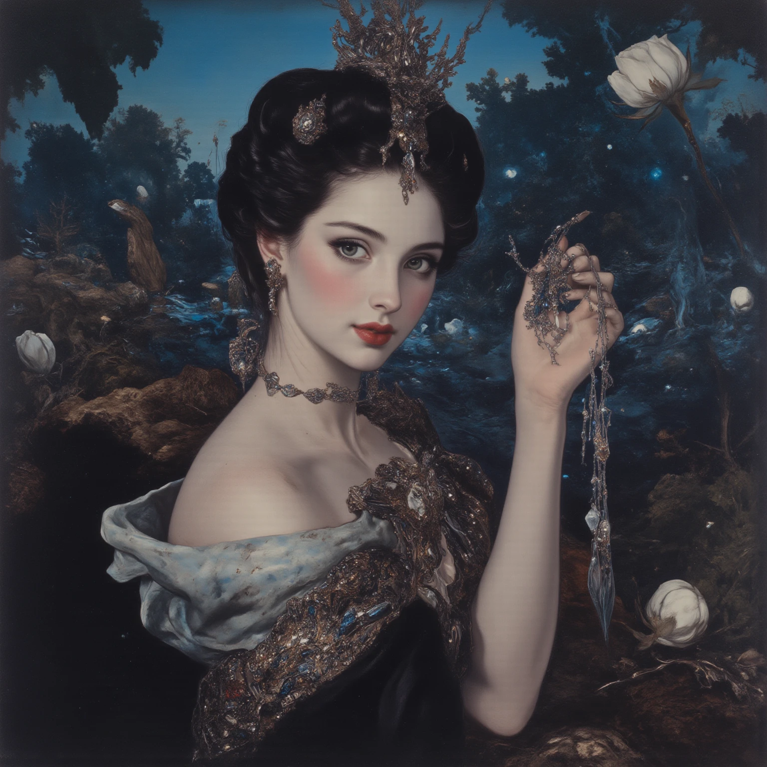The art of math,Digital Illustration,Drawing,Decorative paintings,Watercolor,(((Harry Clark (Harry Clarke) style,圣地亚哥·卡鲁索style))),Simple,clean,Fine painting style,(((flattery,Many eyes on the hat。short hair,Pointed ears,robe,Off-shoulder))),Wide Angle,Black and blue,Solid color background,Human anatomy is correct