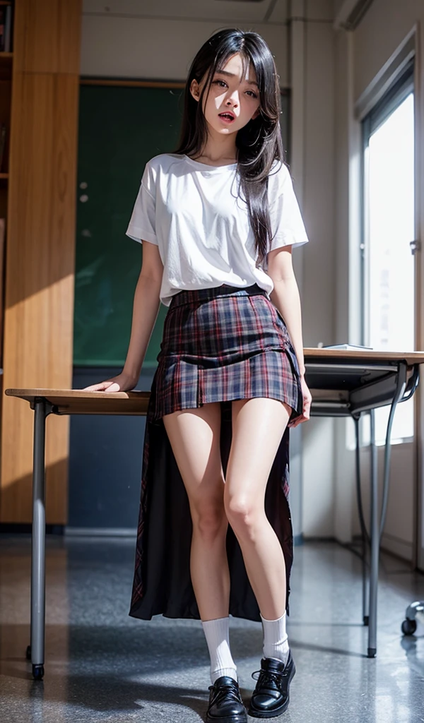 1girl,23yo.strawberry print panties ,.classroom brown eyes, brown hair, cardigan, female pubic hair, full body, gyaru, hair ribbon, lips, loafers, long hair, looking at viewer, panties, plaid, plaid skirt, realistic, red ribbon, , shirt, short sleeves, simple background, sitting, skirt, skirt lift, smile, solo, spls, standing, striped, white neckerchief, white shirt.