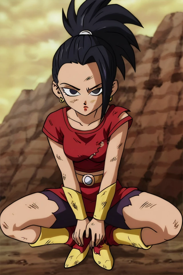 Un primer plano de una persona con el pelo muy corto, chica saiyajin, anime style, but a mirada severa about her, & his expression is solemn, she has a distant expression, mirada severa, Super serious facial expression, goku femenino, Nico Robin, cara de anime perfecta, Estilo Akira Toriyama, ella tiene una linda cara expresiva, de una pieza
