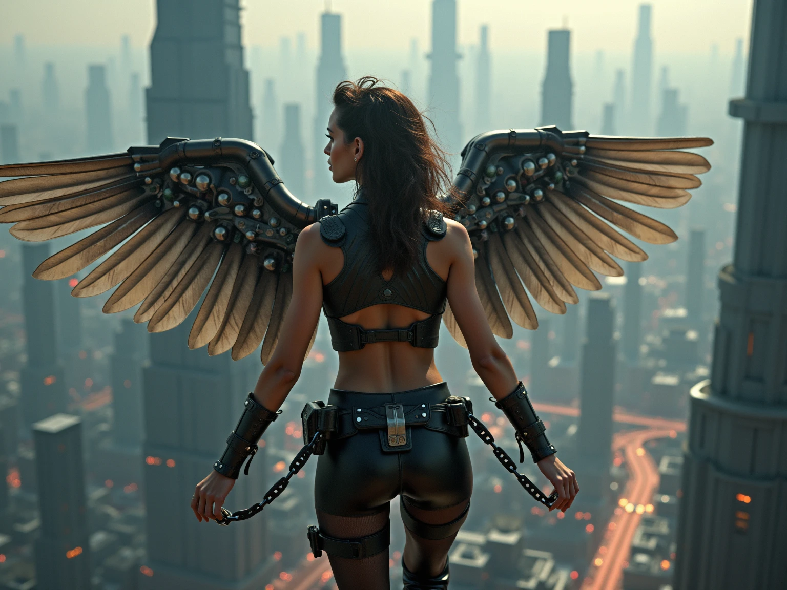 a very sexy woman with metal wings, mechanical wings, flying over an impressive futuristic city, oil painting, intricate mechanical details, dramatic lighting, moody colors, cinematic composition, chiaroscuro, Bill Sienkiewicz inspired, high quality, award winning, photorealistic, 4k, 8k, ultra-detailed, masterpiece, cinematic