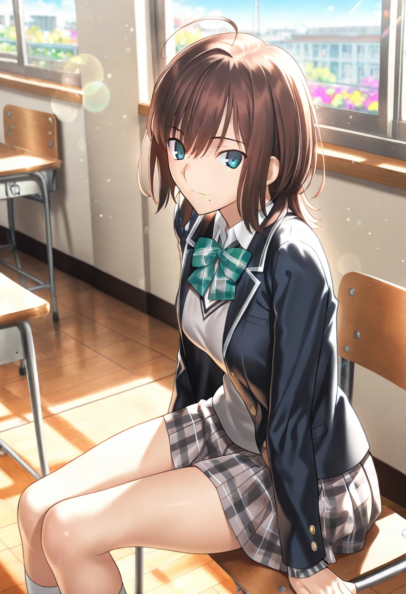 (masterpiece, Best Quality: 1.2), Alone, A girl, he has cultivated four, smiling, Observation viewer, Session, , black jacket, plaid skirt, ((Panchira)), thigh high socks, classroom