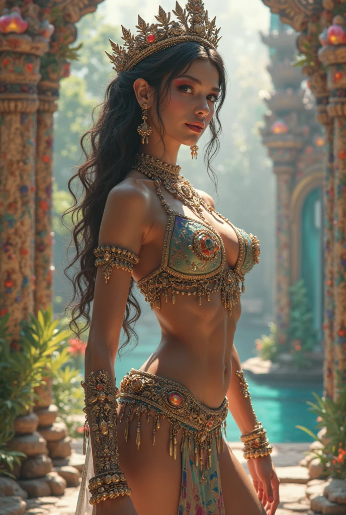 (masterpiece:1.4), (various angle:1.4), (best quality, highres:1.9), (Natalie Imbruglia:1.4), (sitting), (ancient greek goddess veil with toga clothe:1.3), (horny:1.45), (Hands behind back:1.5), (magical night:1.3), (bitchy and naughty:1.4), (large lips done over:1.45) (eyes half-closed:1.15), ((big redone breasts:1.5)), (photorealistic:1.4), (intricate and beautiful:1.2), (detailed light), (highres textures), dynamic various pose, soft light passing through hair, (sharp), exposure blend, (bokeh), (hdr:1.4), (cinematic:1.2), (10 years old girl), (younger), beautiful face, (Hanging Gardens of Babylon scenery background:1.35)