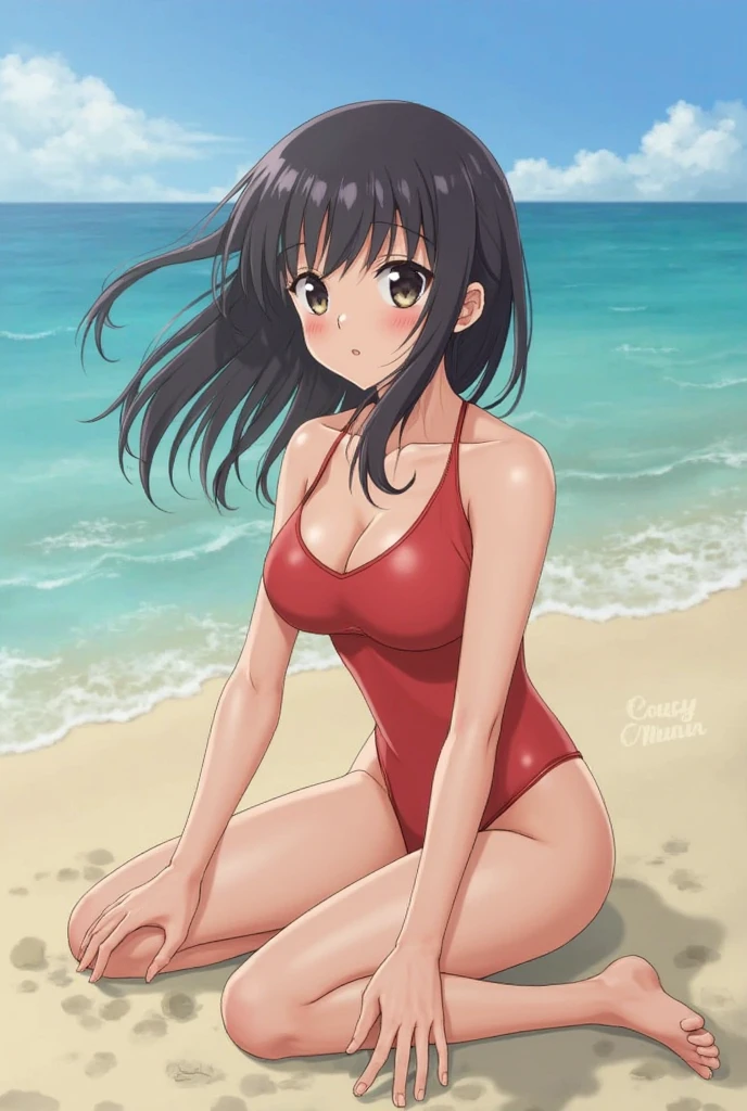 A girl,Big breasts,slim,Delicate feet,White swimsuit,Tight Fit,Looking at the camera,Lost,Smirk,seaside,Beach,dusk,Sit on the ground with your legs spread,Realistic skin texture,16K