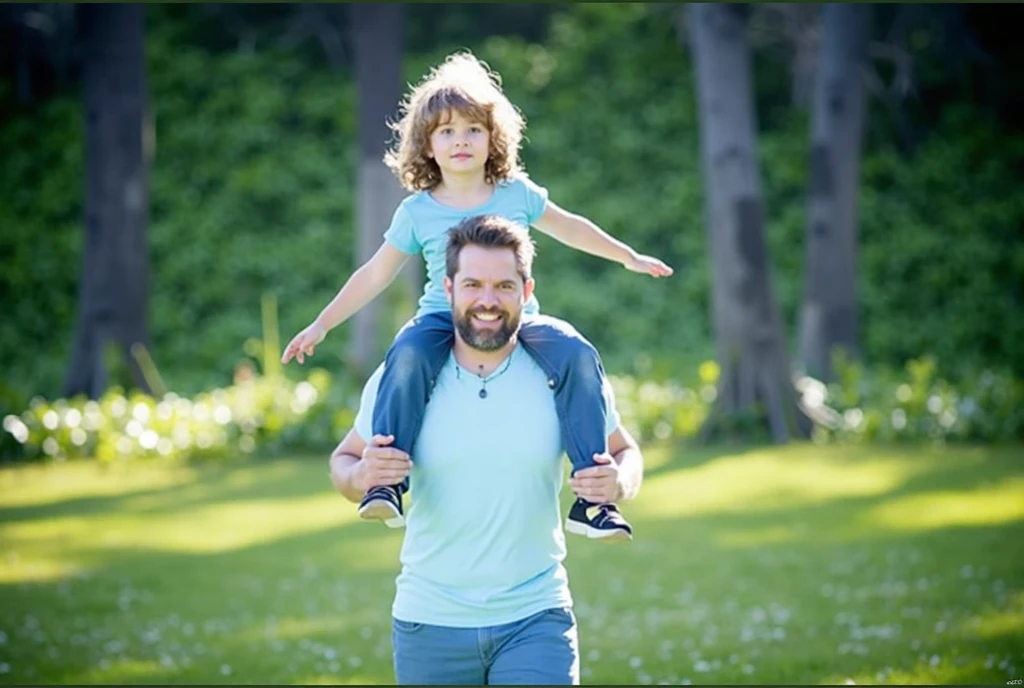 there is a naughty man holding a young boy on his shoulders, father with , affectionate fatherly broad forehead, On a sunny day, Rapier, photoshot, shutter, Title, with a child, having a lot of fun, , mixed art, still photo, dad, imagem de Rapier, naughty man, Family friendly, photoshot tirada, set photo, high quality upload
