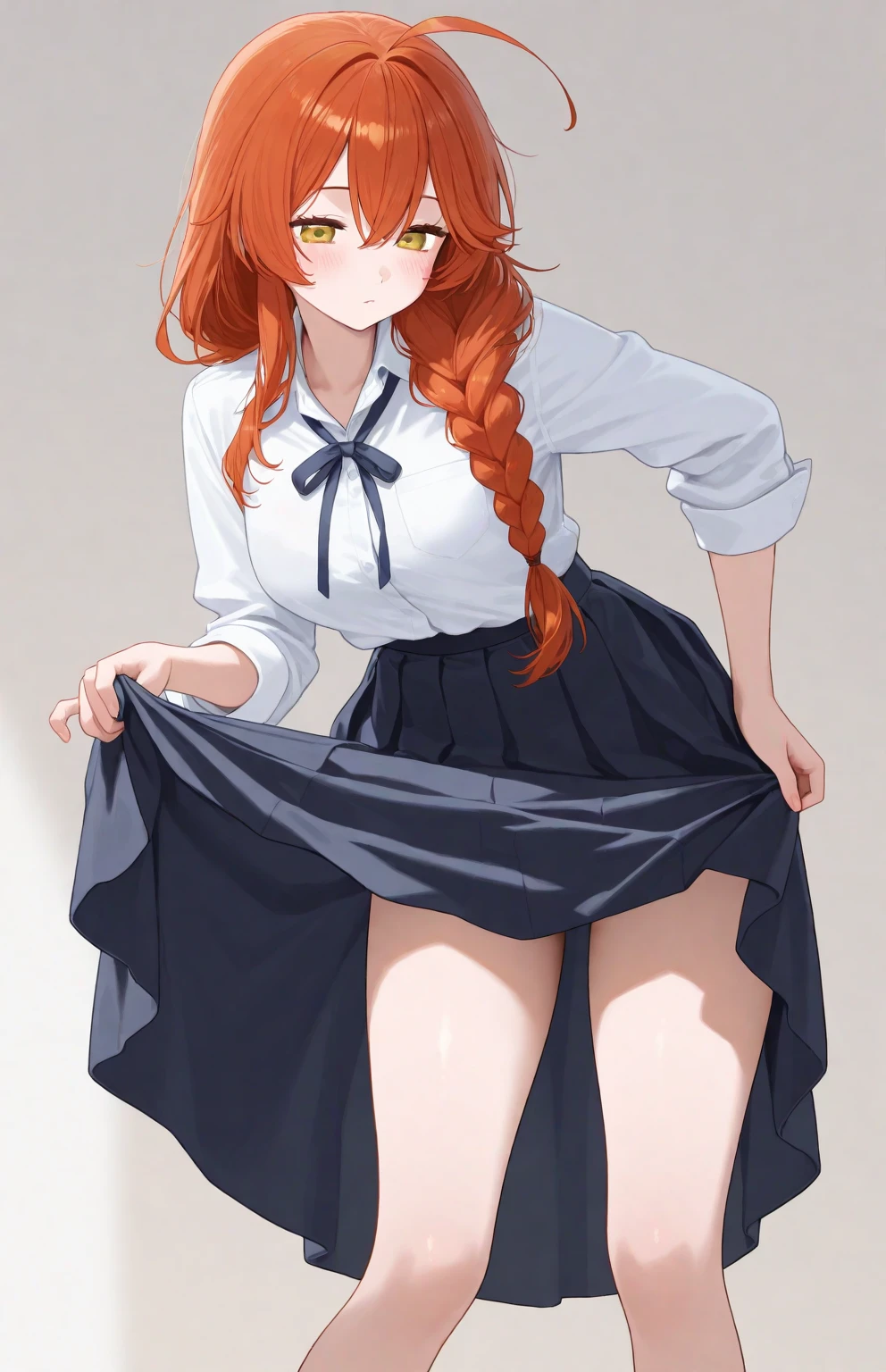 masterpiece, best quality, highres, ccsuzuka, long hair, white hairband,white shirt, green ribbon, short sleeves, blue skirt, black pantyhose,vaginal,sex,woman on top