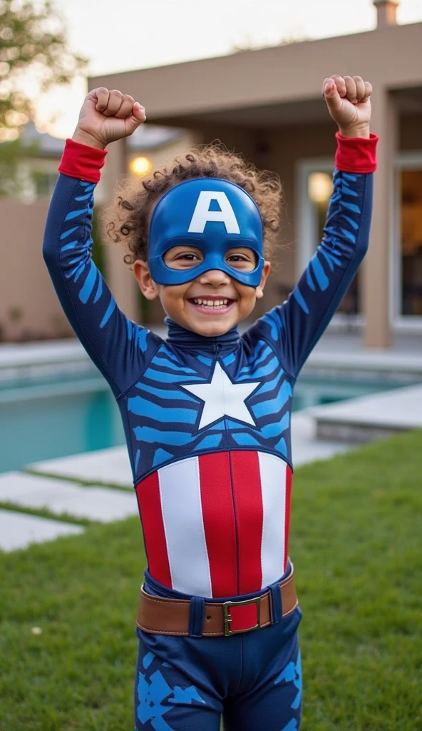 "Picture an endearing and heartwarming scene where a Superbaby Captain America discovers the joys of the beach while carrying a surfboard. Visualize a tiny Captain America, clad in a miniature version of his iconic suit, exploring the sandy shoreline. His tiny shield emblem on his chest adds a patriotic touch. The surfboard, sized perfectly for his adventure, is held with superhero determination. The art style blends playfulness with heroic charm, drawing inspiration from comic book aesthetics and beach landscapes. Set the scene against a serene coastal backdrop, with gentle waves and a clear blue sky. Capture the Superbaby Captain America's exploration in a mid-distance shot, highlighting his innocence and the wonder of the beach."