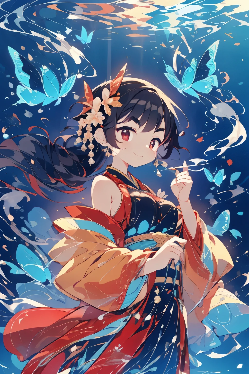 28 years old、Japanese woman、Standard body type、dark haired、long hair、wavy perm、Fluffy Hair、Long face、Dark eyebrows、Cheeks are slightly red、Rounded chin 、hold out here with a smile、butterfly々Knot box、Underwater Palace、target up、C-cup bust、wearing a celestial maiden's feather coat、smoke coming out of the box、Hand delivery、A thrilling expression、in the beautiful sea、