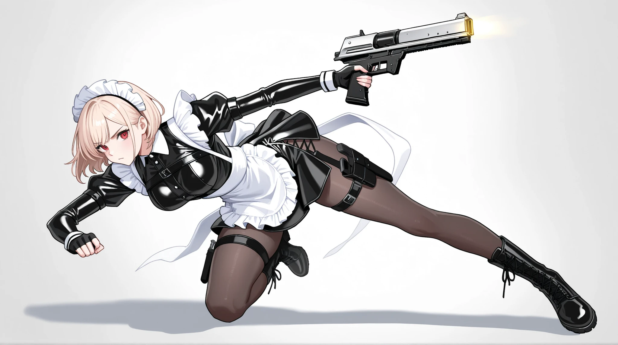 womanhood, Maid Outfit, white brim, leg knife sheath, leg gun holster, leather boots, Fingerless Gloves, Tight Miniskirt, Lace-up Slit,    Dynamic Pose