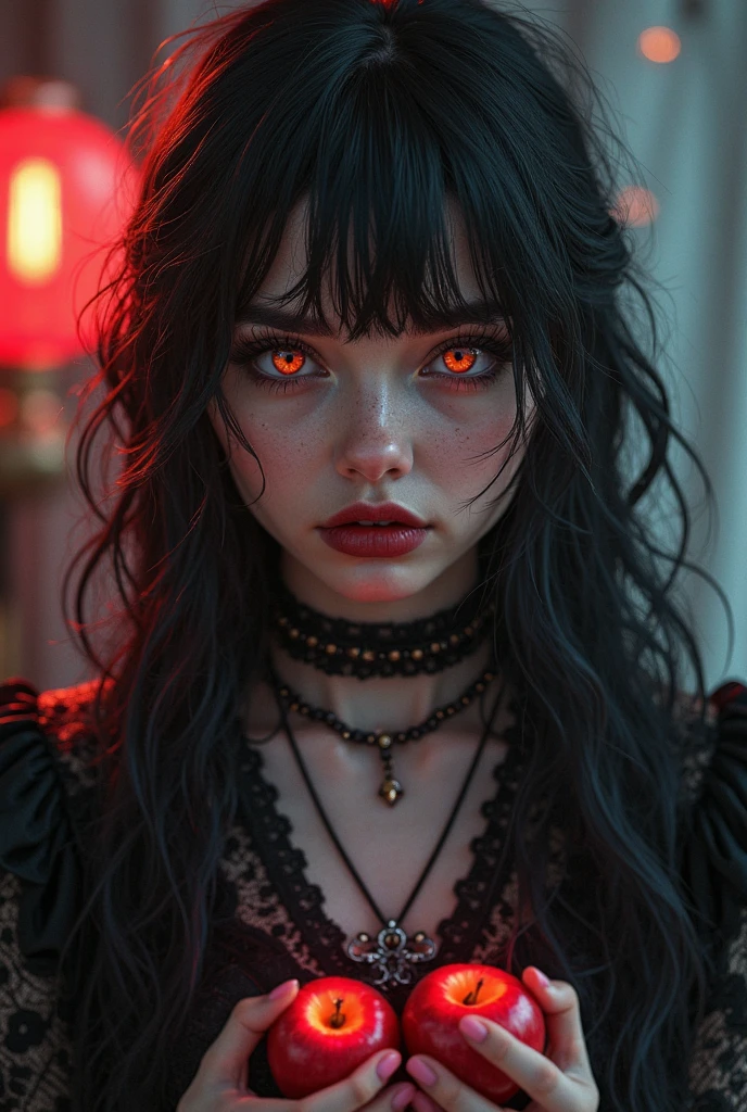 Pennywise woman with long wavy black hair and orange highlights Dracula style from Monster High with orange clothes and tears in her eyes 