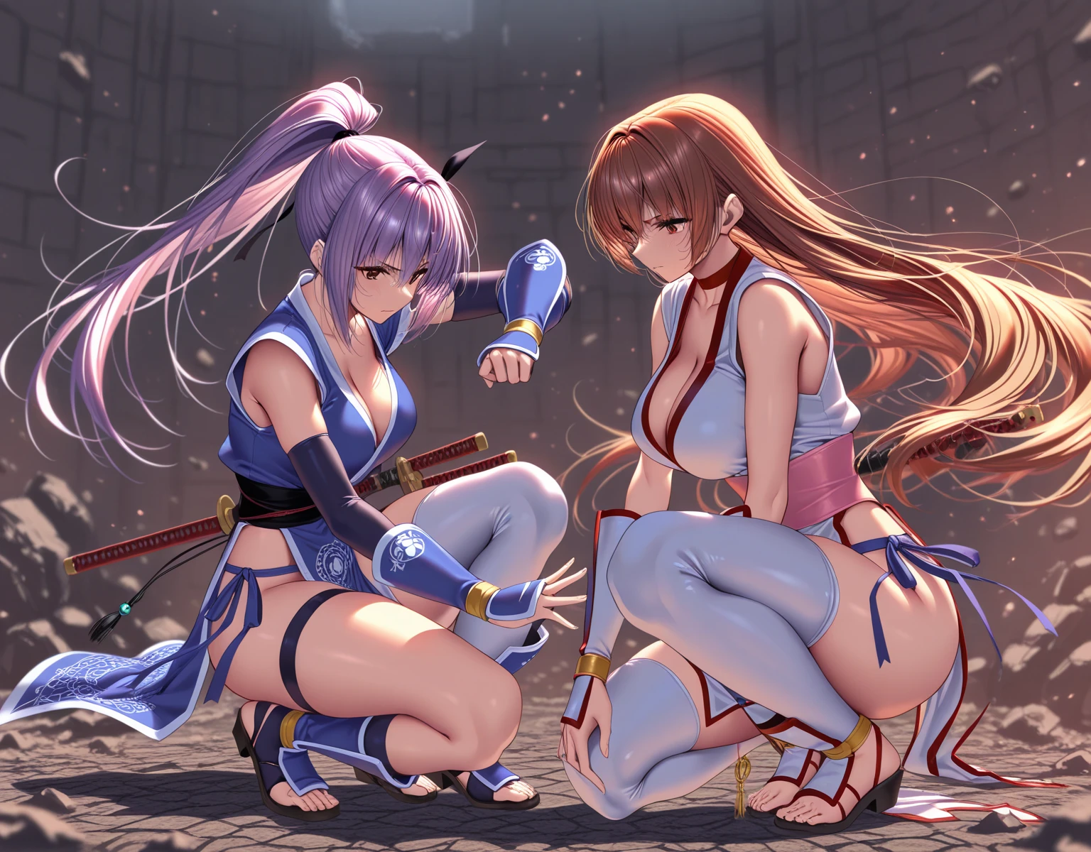 Full body shot of two female character from Dead or Alive game. Kasumi versus Ayane, 1 versus 1, fighting in a fierce duel death match with short swords, weapon with serious expression. One of them take lethal slash and wounded. They have long loose hairstyle. They are wearing different color of traditional sleeveless kimono, proper skirt, an obi tied on back hip. Both of them are wearing a pair of thin long black elbow gloves, a pair of 100% black thigh highs, and black shoes. Background set in a lush forest.