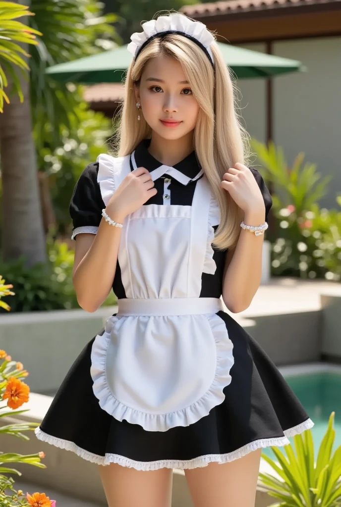 (masterpiece，Best quality), (Absurdity:1.3), (Photo Realism:1.4), RAW photos of beautiful European girls, (Ultra Detail, Ultra-realistic, 8k, Ultra-high resolution), (Dynamic poses:1.2), blond, Long hair, (High Detail Skin, Detailed skin texture:1.1), BREAK 1girl, Young Girls, Detail eyes, Detail face, (Cute maid costume:1.6), (Black stockings:1.3)，(Wearing black leather shoes:1.5)，Ruffles, Room, dining table, tablecloth, (dinner is served:1.2), Shot by a professional photographer，Bokeh，Sharp focus，Depth of Field，Standing，Smile，whole body，Vision
