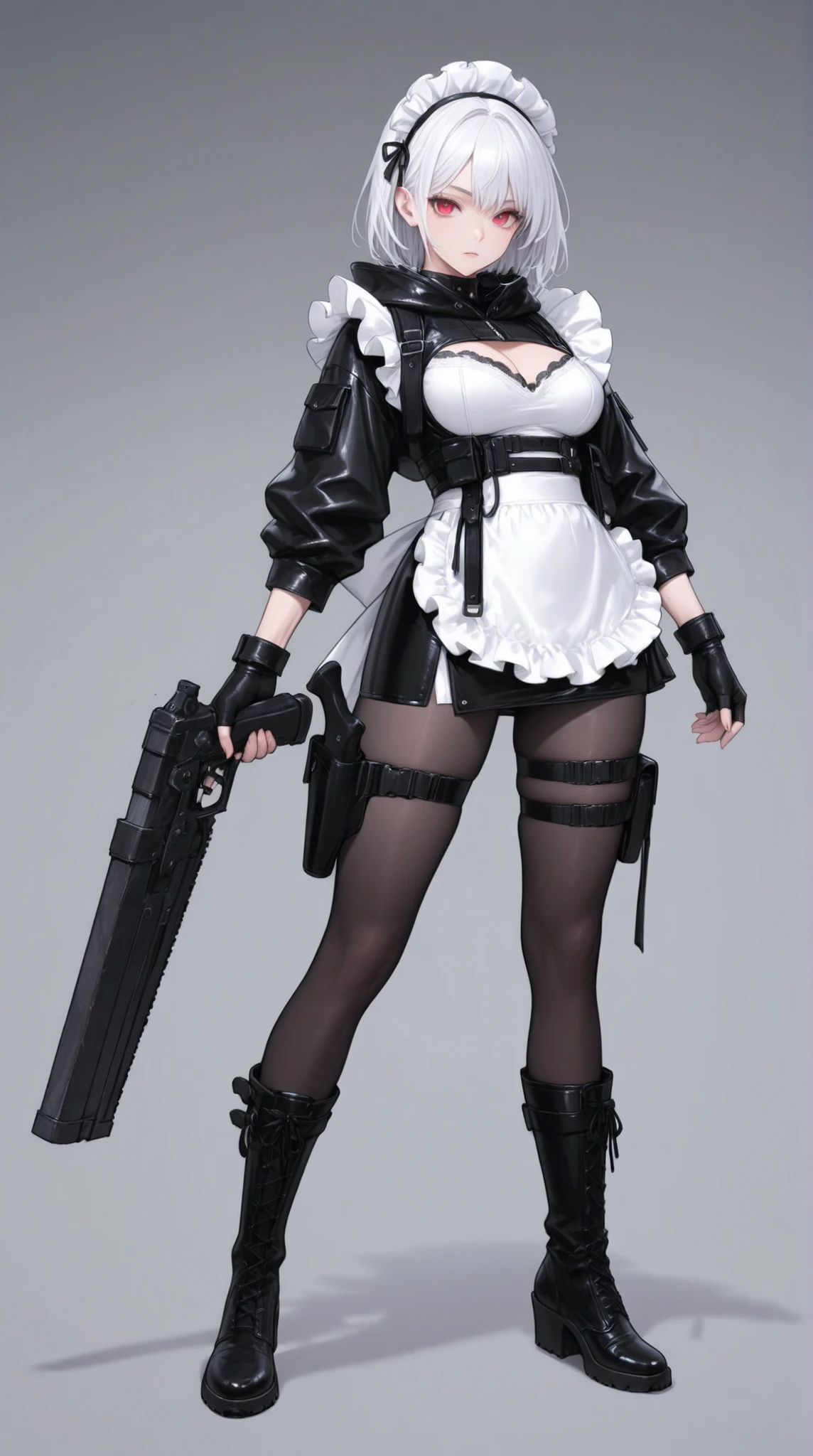 womanhood, Maid Outfit, white brim, leg knife sheath, leg gun holster, leather boots, Fingerless Gloves, Tight Miniskirt, Lace-up Slit, Dynamic Pose