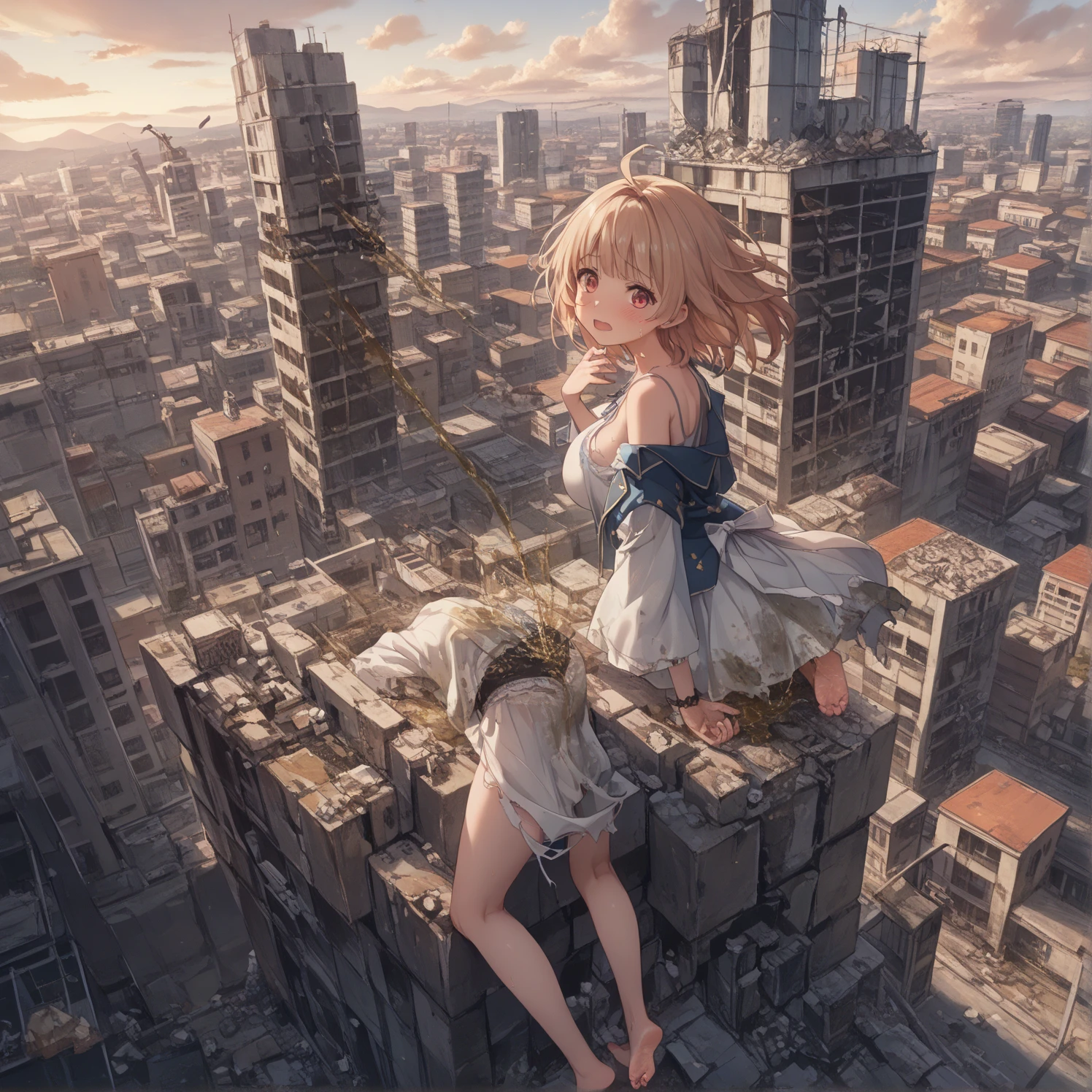 Giantess, long sexy legs, yellow hair, bikini,lying on top of destroyed buildings, city at her feet burns in flames for the destruction she has caused, tiny people climb on her body to try to defeat her uselessly. Giantess, goddess, macrophilia, curvaceous body, hentai, fetish, sexy legs, bikini, high heels, high quality, tiny people, people climbing body, giantess body, small people