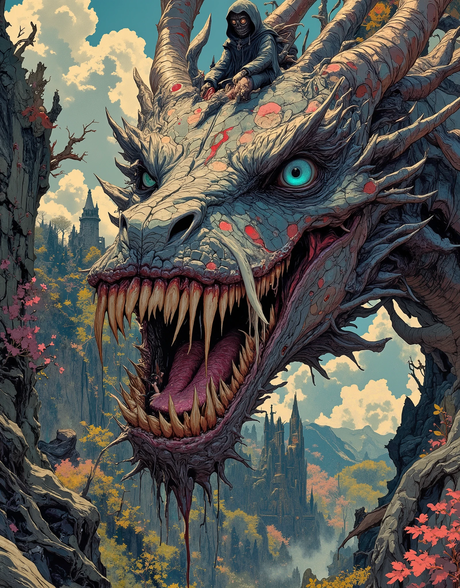 masterpiece, best quality, surreal anime art, highly detailed, tiny dark hooded in a metal mask wizard dragon rider on the back of a massive titanic gargantuan deformed eldritch dragon, flying over an eldritch landscape, style inspired by Mark Simonetti and Gustav Klimt, highly detailed, beautiful, vibrant, masterpiece, 32k, ultra HD, ultra-detailed, amazing quality, amazing artist, sharp edges, detailed textures, full view, atmospheric lighting, amazing visuals, An embroidered design Spring atmosphere