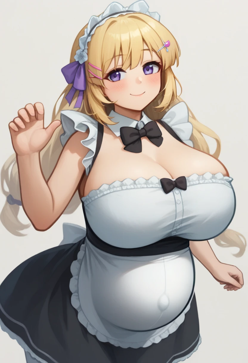 masterpiece, highest quality, High resolution, eat, long hair, single hair bun hair, hair ribbon, blue choker, Idol, jewelry, clavicle, cleavage, dress, short sleeve, layered skirt, badge, smile, Are standing, cowboy shot, stage, open your mouth, reach out your hand, (hyperbreasts, huge breasts, huge breasts), Chubby, Plump, revealing clothes, (blonde hair:1.3)、camel toe、huge tit、nipple puff、cleavage、Idol、Gold-ringed does not appear、The world is cute!、High leg string panties、Furifuri