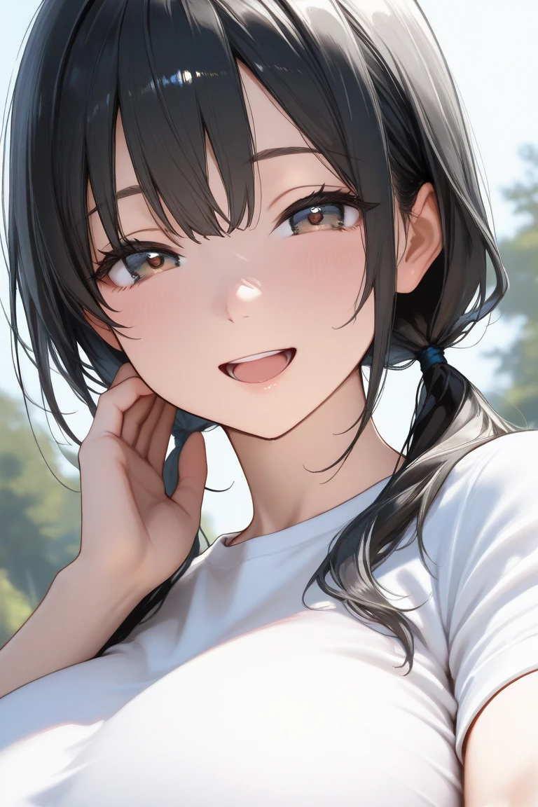 ((highest quality)), ((masterpiece)), (detailed), Perfect face girl, T-Shirts, Upper Body, Nice smile、(LOL:1.1), (Open your mouth:1.1)、Large Breasts、ponytail、(Eyes Wide Open:1.2), Sun glare, Bokeh, Depth of written boundary, Blurred Background, Particles of light, Strong winds, (Heart Particles:1.1)