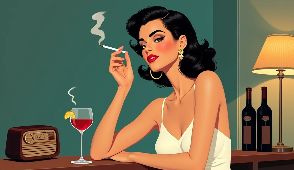 Woman 40s brunette with hat red elegant dress, smoking and 100% real
