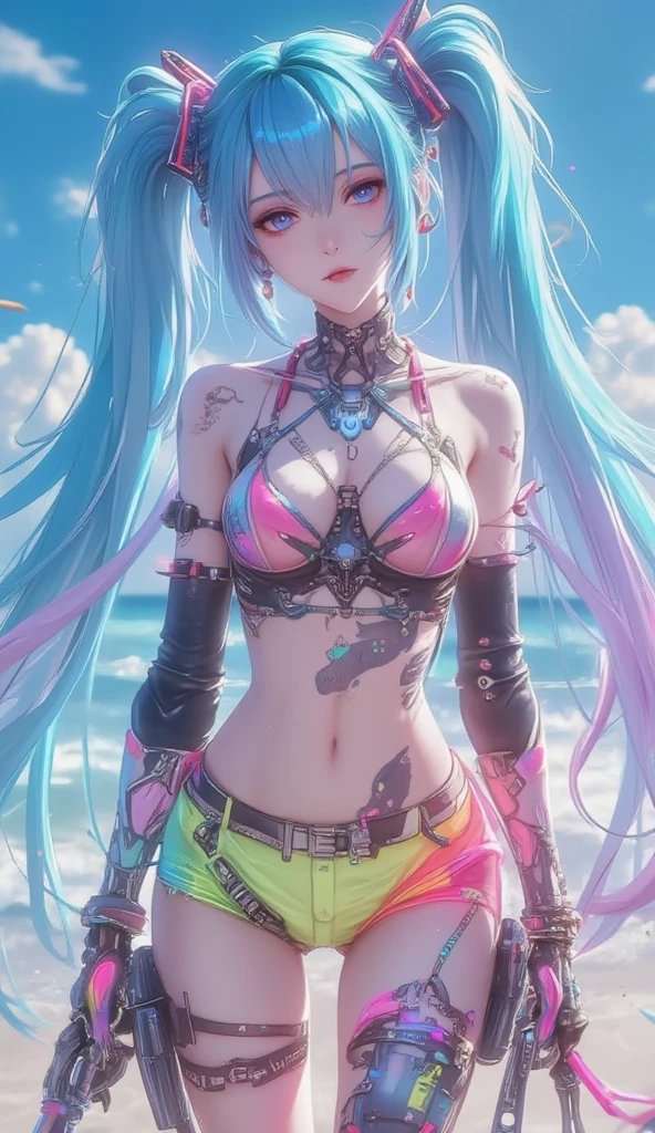 (quality)), ((masterpiece)), Recommendation Results、Puffy nipples、(See through:1.5)、Please stand up straight.、Abdominal muscles、Giant bust、Angle to floor:1.2、Low camera angle、Groin hair removal,hatsune miku,Very detailedな)), (Very detailedなCGイラスト), ((Very delicate and beautiful)),(1. Machine Girl)),alone,Full body white,(Machine made joints:1.2),((White mechanical limbs)),(Rainbow colored blood vessels connected to tubes),(Rainbow-colored mechanical vertebrae attached to his back,Flowing rainbow dots.),((A rainbow is fixed around the neck)),poker face,(Rainbow colored wires and cables attached to his neck:1.2),(Rainbow colored wires and cables on your head:1.2)(Character Focus),,Very detailed,colorful,Most detailed