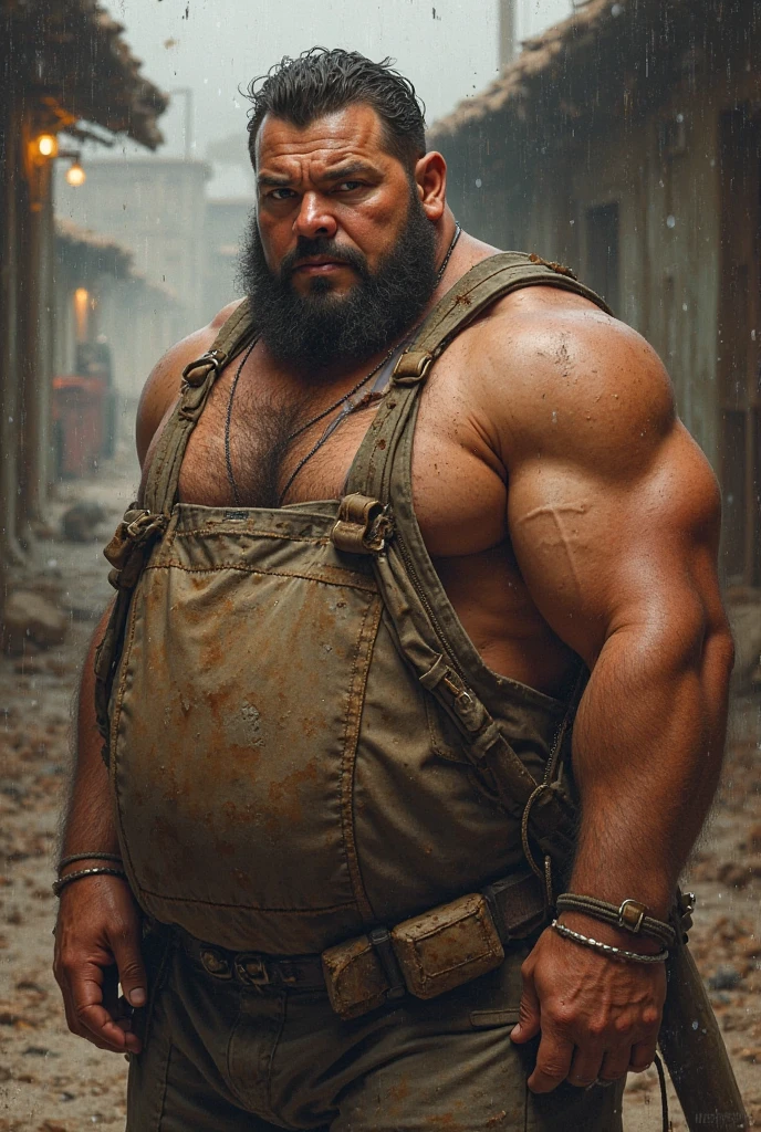 Hyper-realistic image of an elderly 19th century English Steampunk circus tamer superhero with bare torso combed gray hair and huge handlebar mustaches A super heavy bodybuilder flexing his muscles A full body obese bodybuilder with a very sweaty body An extremely muscular and extremely fat man over 70 weighing over 600 pounds a very hairy muscular man with very big legs and sagging pecs big dark nipples and gynecomastia in the lion cage of a steampunk circus dressed in explorer pants and a whip in his hand 