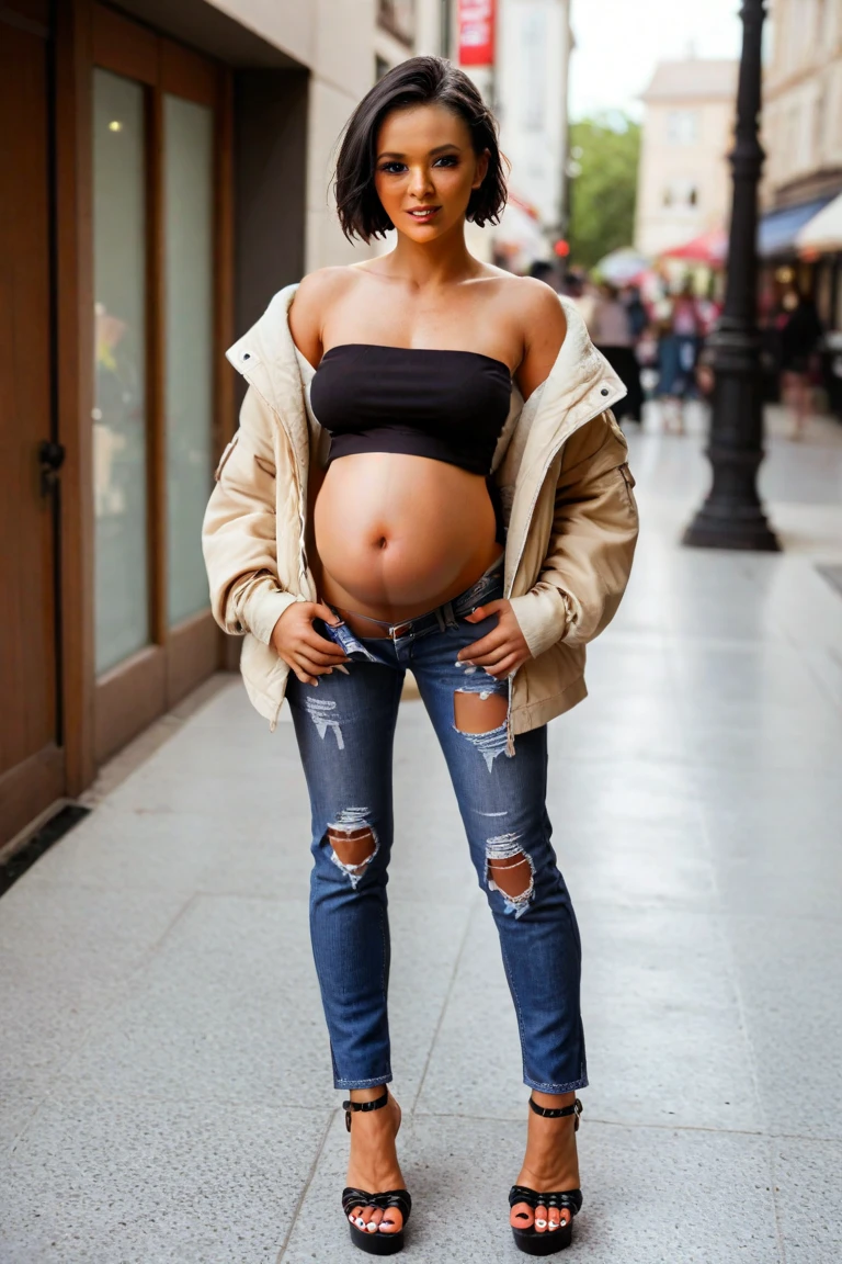 Pregnant woman with curly hair and leather jacket