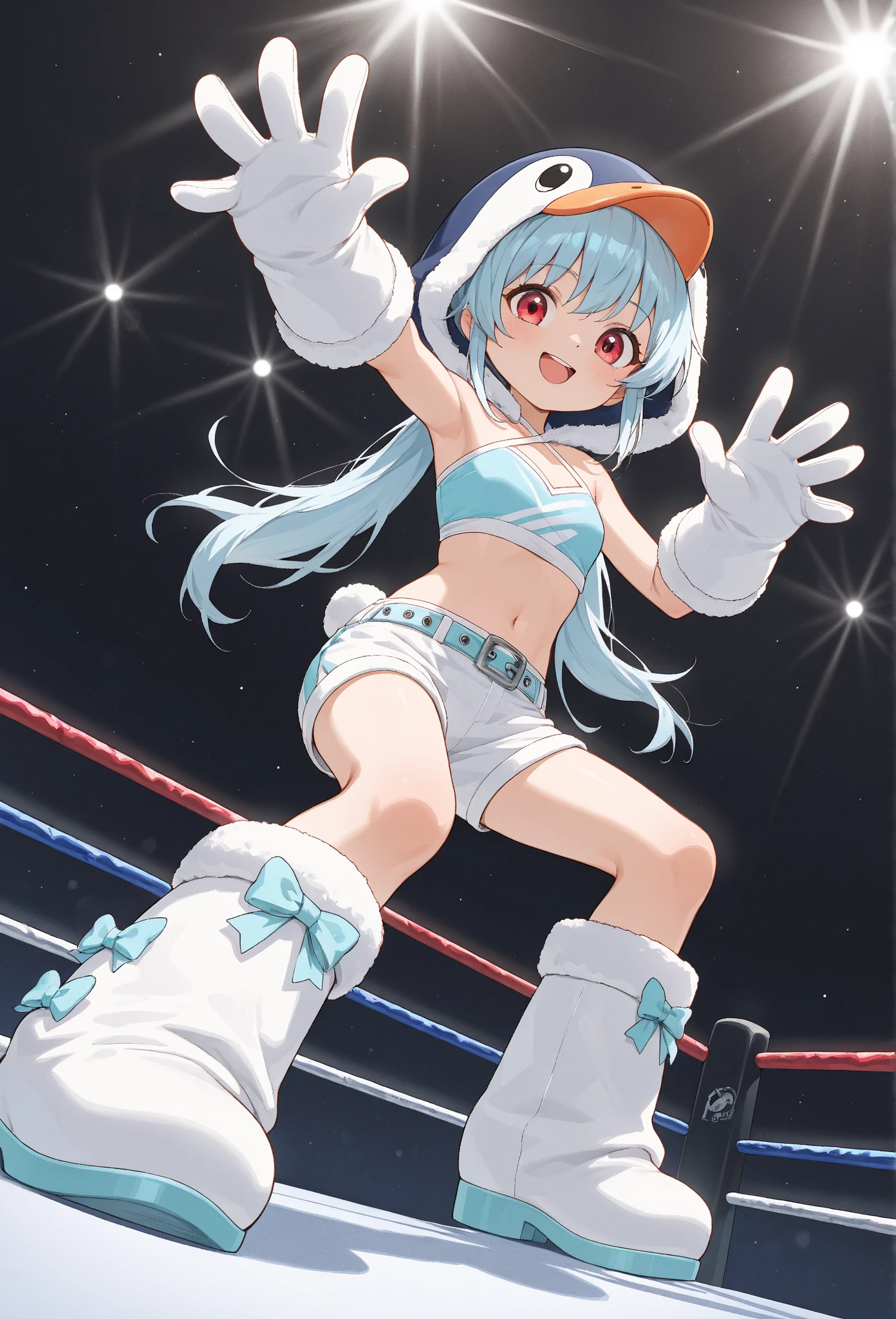 anime style、Highest Quality、angle from below、very young and beautiful woman、slender figure、light blue hair、red eyes、Female Pro Wrestler、cute penguin mask、Smile Yan、big fluffy boots、big penguin hand gloves、on a pro wrestling ring、waving one hand