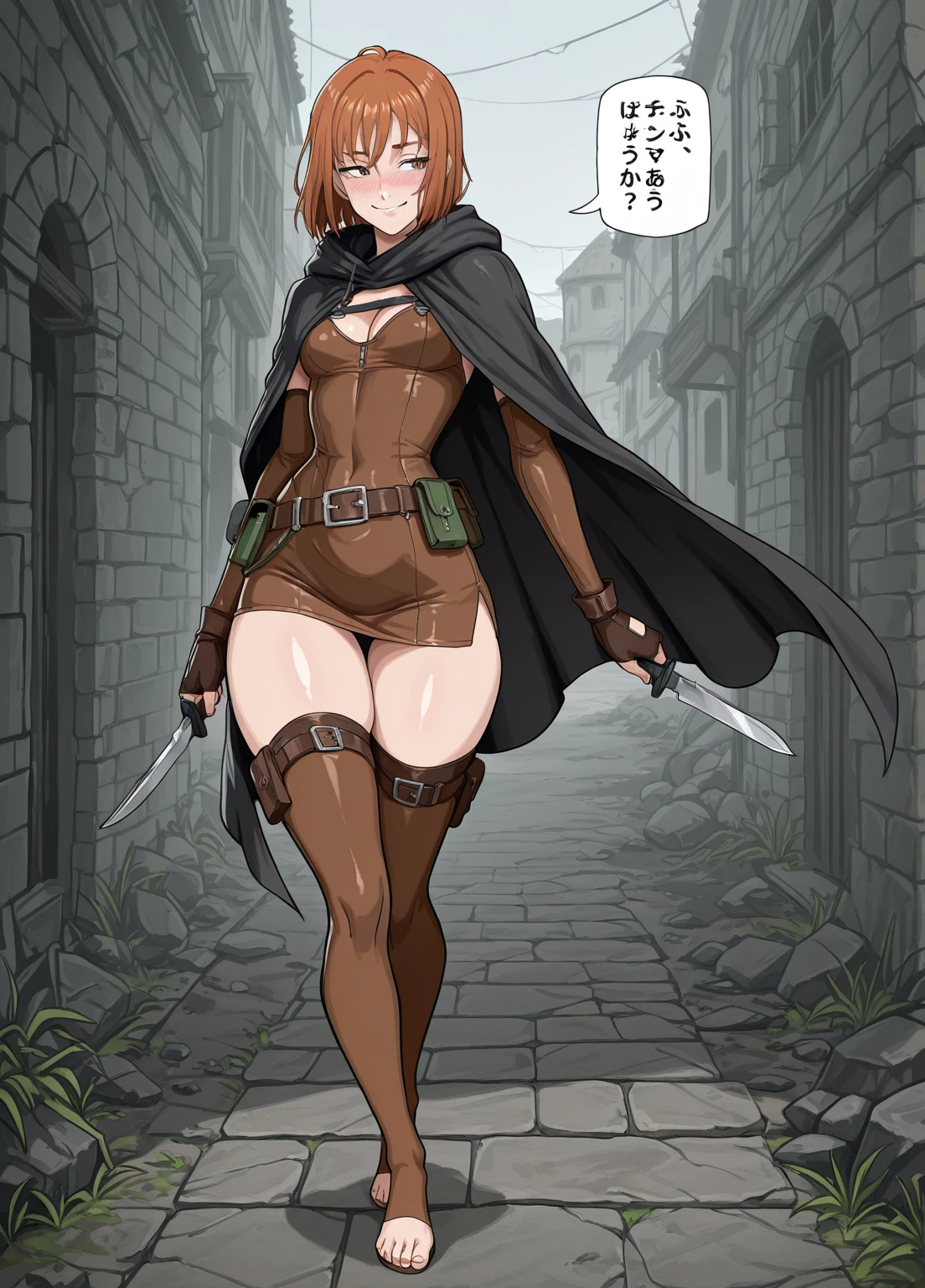 <lora:LONA06:1>fullbody,dark green eyes,tshirt,leather boots,abomination,flesh wall,medieval,long cape,ass turend to viewer,sensual pose,