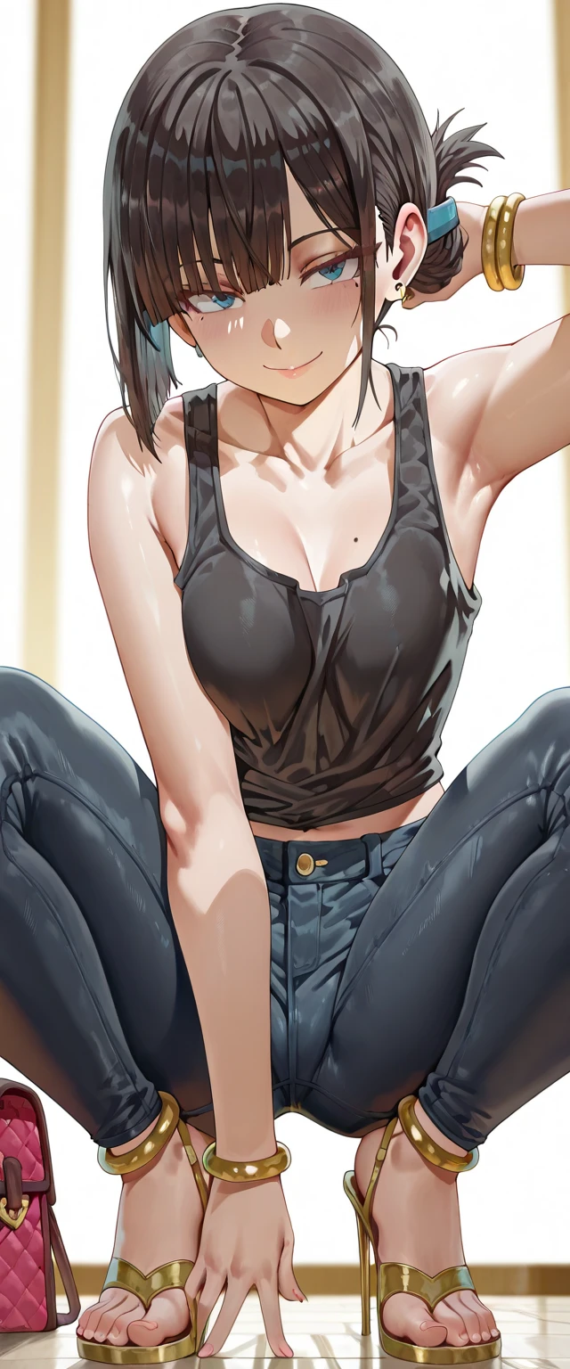 (masterpiece, best quality:1.2), 1girl, solo,standing_split, 
Arlecchino, sleeveless clothing,Sleeveless shirt,( fishing net garment), Unzip the jacket, Blush, x-shaped pupils,black eyes,red pupils，  detail_face， eyeslashes， shinny hair，，Konoha logo on the neck