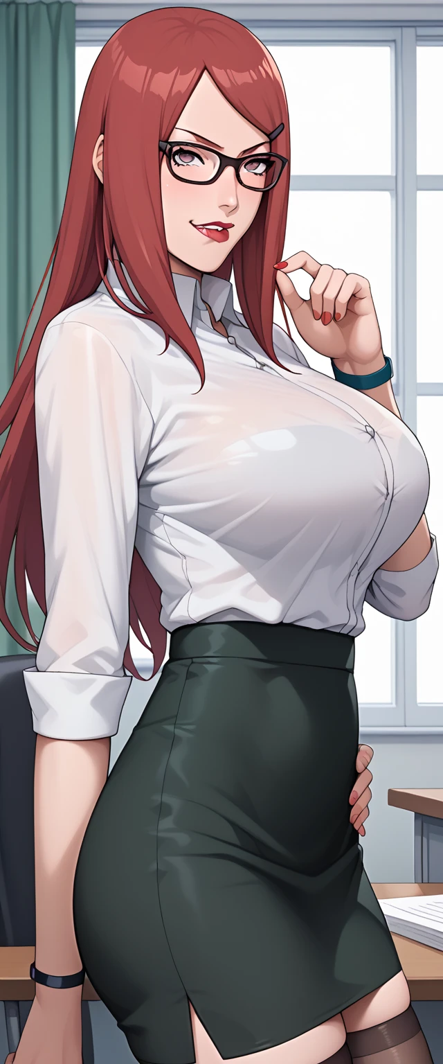 A sexy hex girl with a big chest wears red hair, a tousled cut, her green eye, she wears a button-down office shirt and a long purple skirt with a black heel.