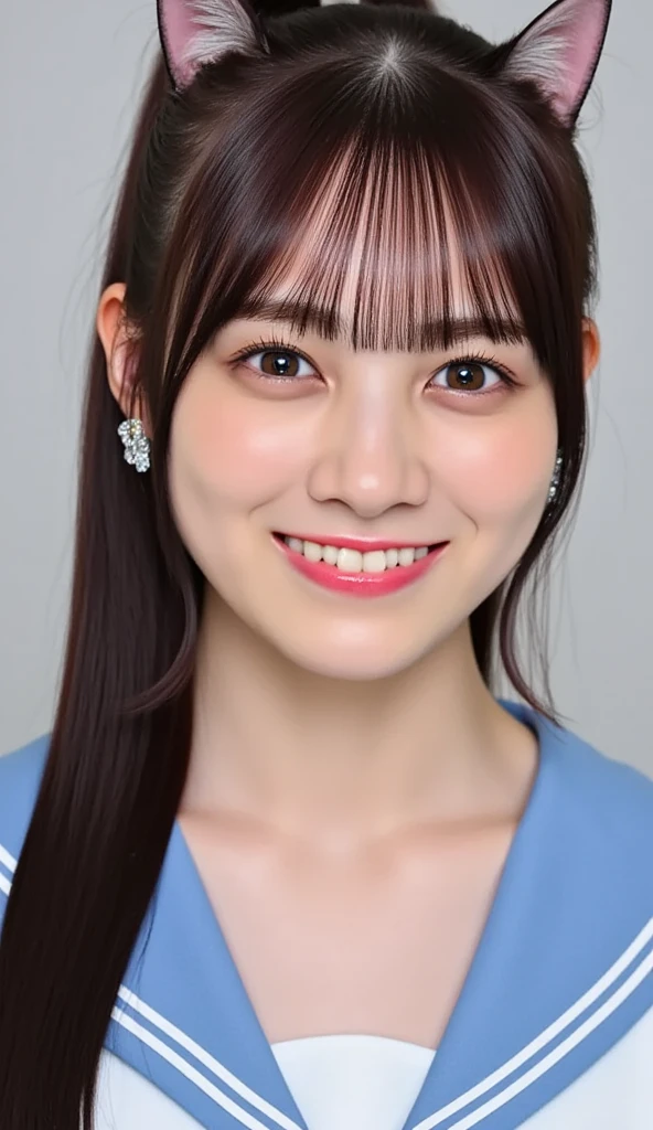 It captures a beautiful 24-year-old Japanese woman with the figure of a member of Japanese idol groups Keyakizaka46 and Nogizaka46.。She is posing as a volleyball player。With a smile、I'm posing with the wide angle slightly raised.。Her natural charm and bright smile、It's overflowing from the photo。Her pose and charming smile、It fascinates the viewer。Touching the ball in a white sleeveless shirt。In the background、The men's restroom is expanding