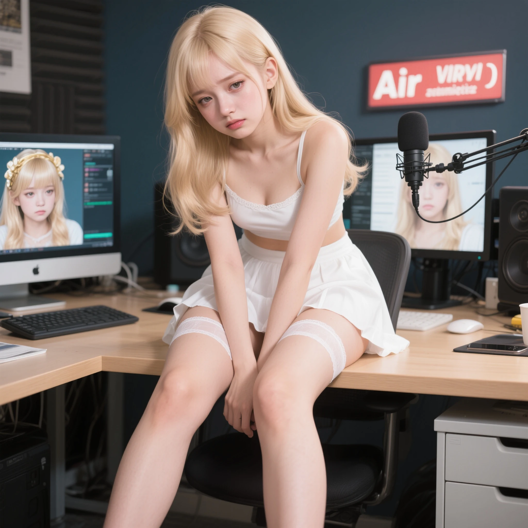 raw photo, 8k, (top-quality), Realistic, (real picture, Intricate details), (natural skin texture, detailed skin, hyper realism, sharpness), Japanese teenage girl standing in a recording studio, (White see-through bra:1.3), (white tiered skirt with frill), white Socks, (pale skin:1.2, flat chest:1.4), slender body, ((blonde twin tails hairstyle, blunt bangs)), (seductive face, Parted lips:1.3, eye bag:1.2, red thick lips), thighs, navel, recording equipment, musical instrument, synthesizer, full body shot